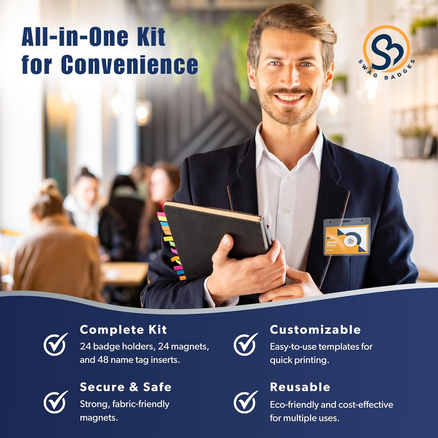 24 Pack Magnetic Name Badge Holders, Complete Kit, 4" x 3", Customizable Id Tag Holders with Fabric-Friendly Magnets, for Conferences, Offices & Events, Includes 48 Printable Inserts - Image 2