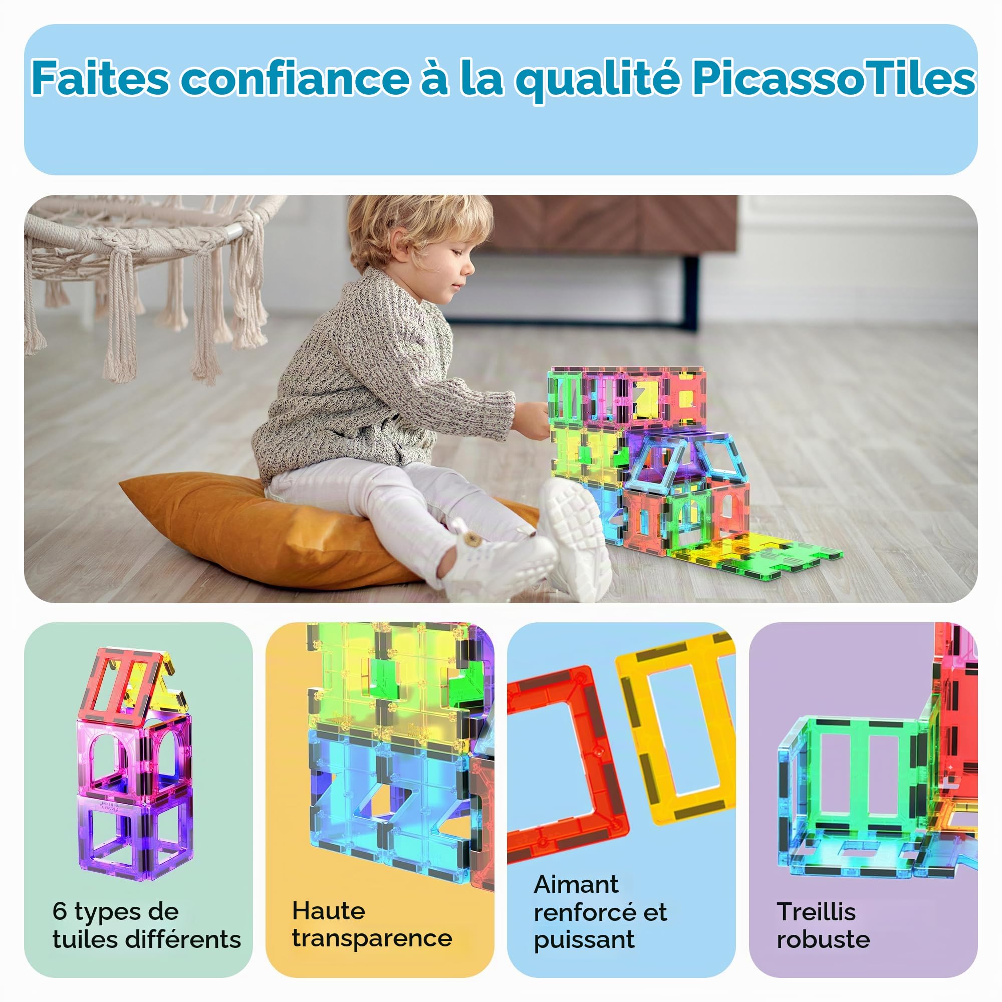 PicassoTiles 42 pièces Ensemble de Blocs de Construction magnétiques Planches de Jeu tuiles magnétiques Construction Jouet Kit éducatif tuiles aimants ingénierie STEM Learning Playset, 3 et Plus