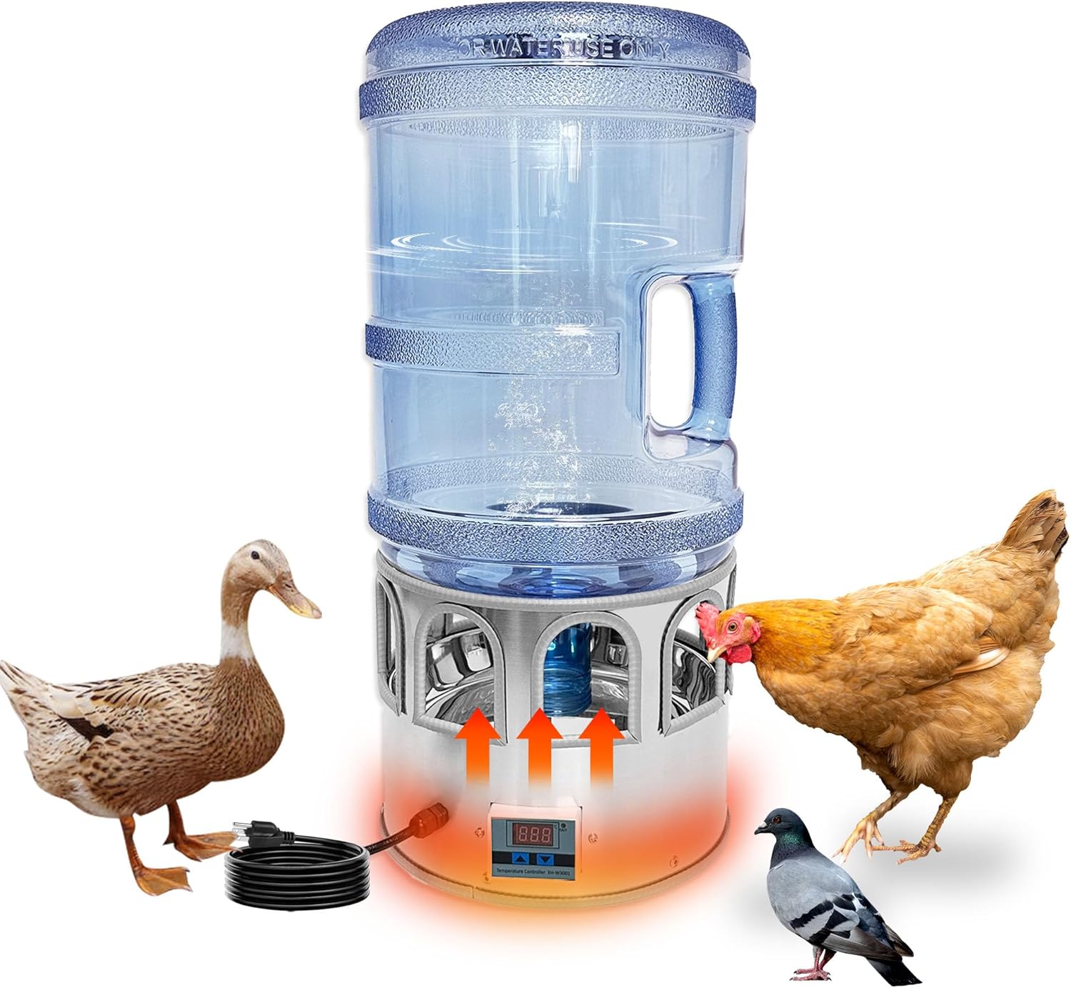 5 Gallon Heated Chicken Waterer Poultry Water Heater for Winter Stainless Steel Adjustable Temperature 8 Drinking Ports Heated Water Bowl for Chickens Ducks Geese Pigeons