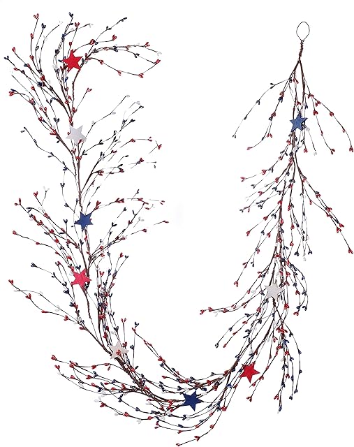 Yawwind 4th of July Independence Day Ring Garland 5ft Long with Red White and Blue Berry Metal Pentagram Embellished Branches Patriotic Ornament Memorial Day Flag Day for Wall Door Decor