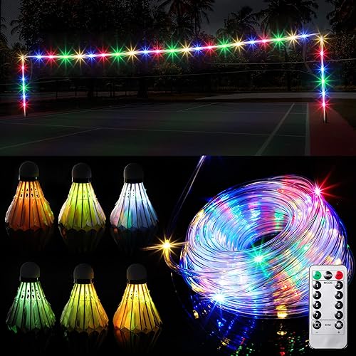 Roceei Luz de red de bádminton, multicolor, 8 modos, 32 pies, impermeable, luz LED con control remoto y 6 piezas que brillan en la oscuridad, luz