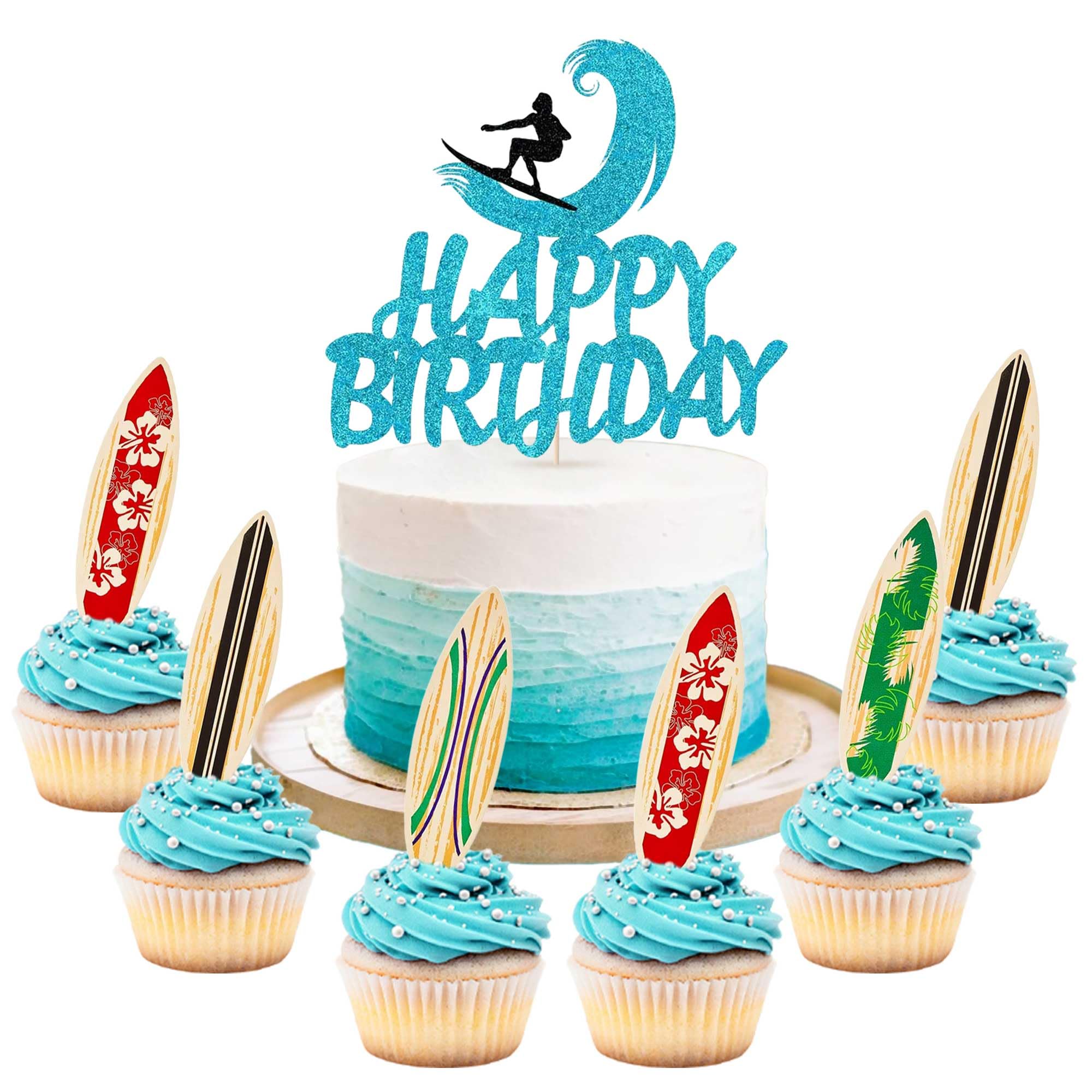 21PCS Surfboard Summer Beach Surf Birthday Cake Cupcake Muffin Decoration Topper for Swimming Beach Party Luau Birthday Baby Shower Party Supplies