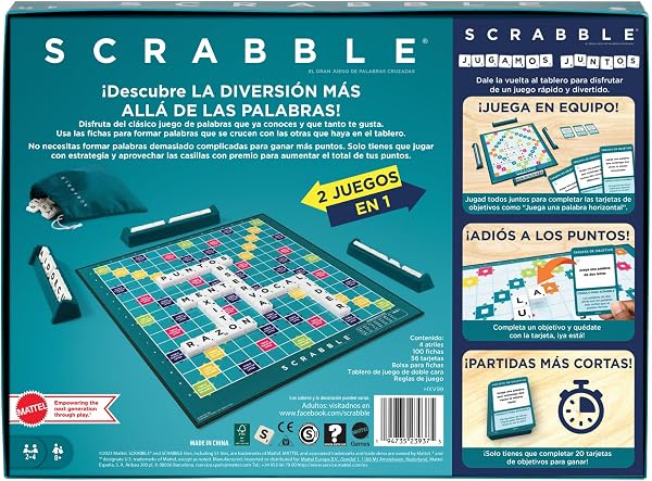 Mattel Games Scrabble 2 Juegos en 1 , juego de mesa familiar, palabras cruzadas, incluye tablero con 2 caras, 50 tarjetas con objetivos , 2-4 jugadores , +10 años, versión español (HXV99) - 4