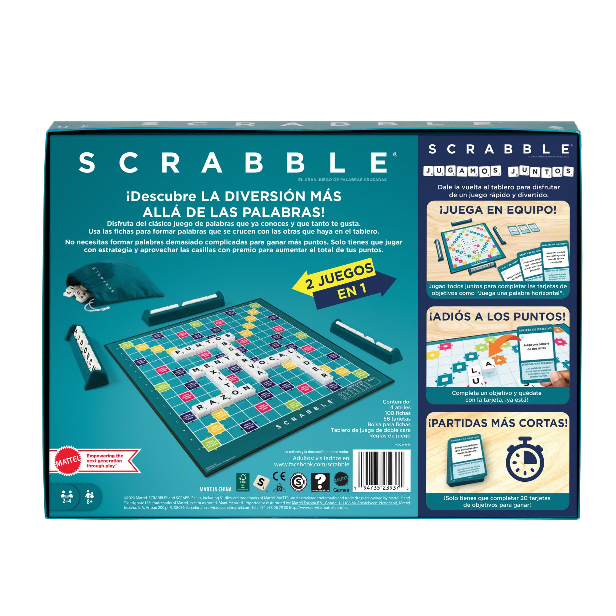 Mattel Games Scrabble 2 Juegos en 1 , juego de mesa familiar, palabras cruzadas, incluye tablero con 2 caras, 50 tarjetas con objetivos , 2-4 jugadores , +10 años, versión español (HXV99) - 4