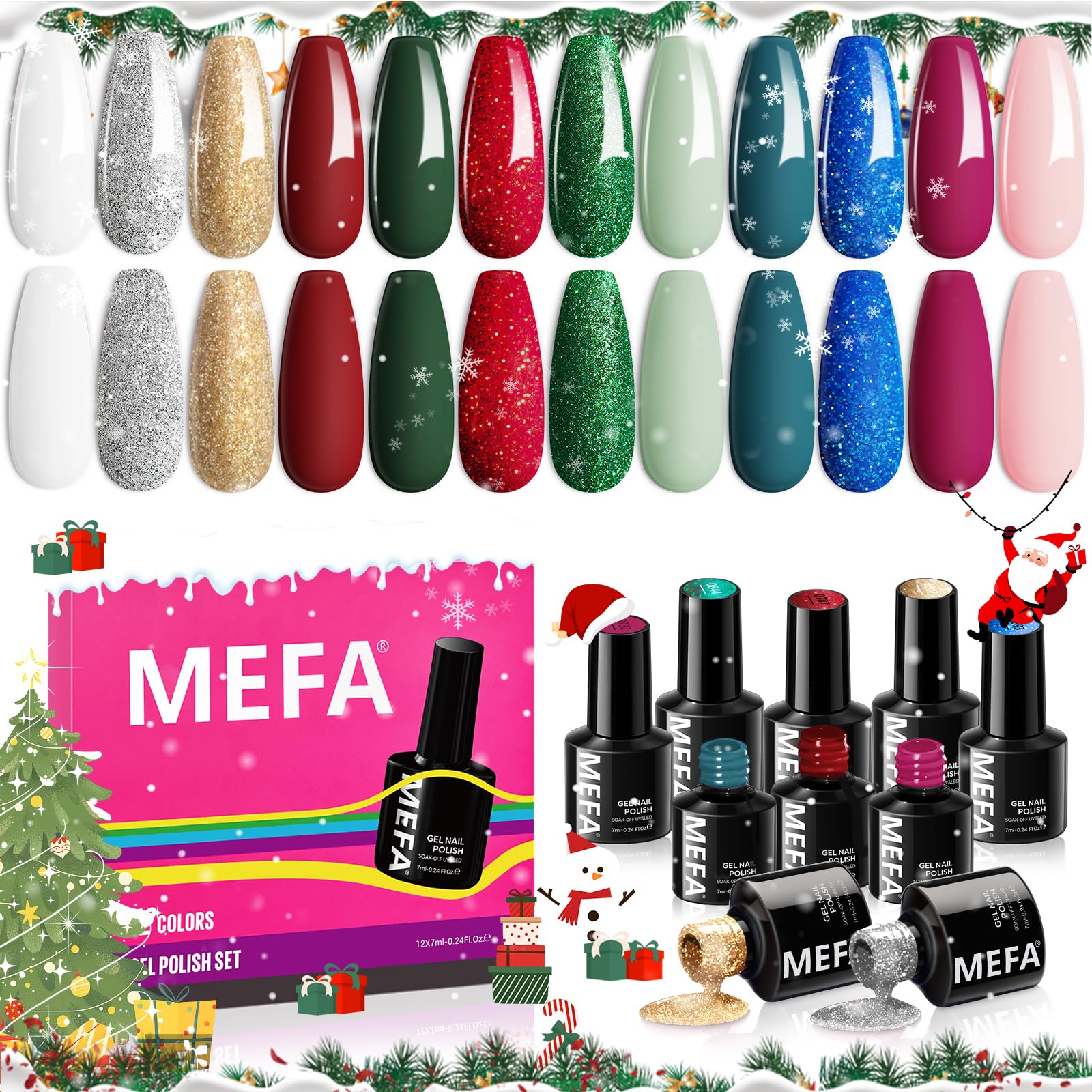 MEFA Christmas Gel Nail Polish Set Limited Edition, 12 Colors Burgundy Red Dark Green Glitter Gel Polish Winter Silver Gold Sparkle Nail Polish Manicure Soak Off Salon Christmas Gifts for Women Girl