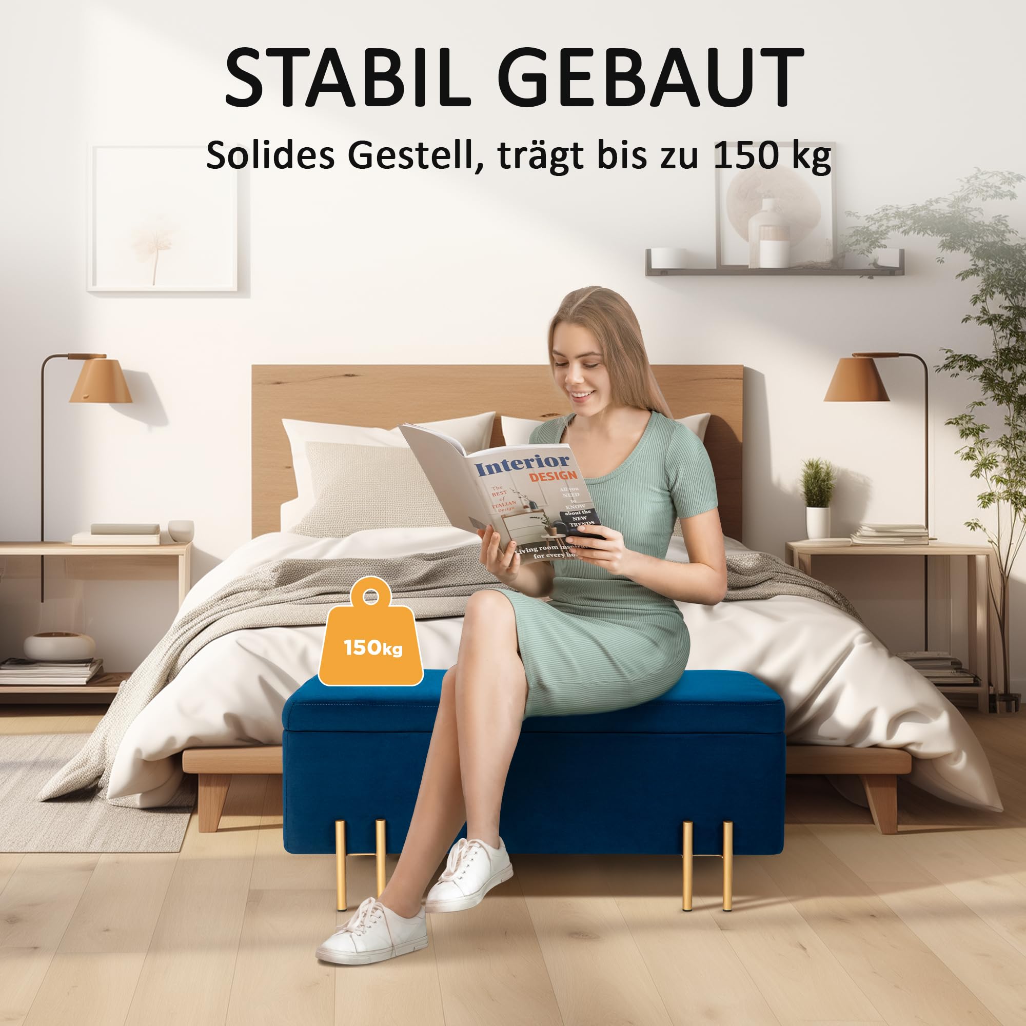 HOMCOM Sitzbank mit Stauraum Polsterbank mit Samtoptik, Sitztruhe mit Metallbeine, Truhenbank für Wohnzimmer Schlafzimmer Flur 100 x 40 x 42 cm, Blau