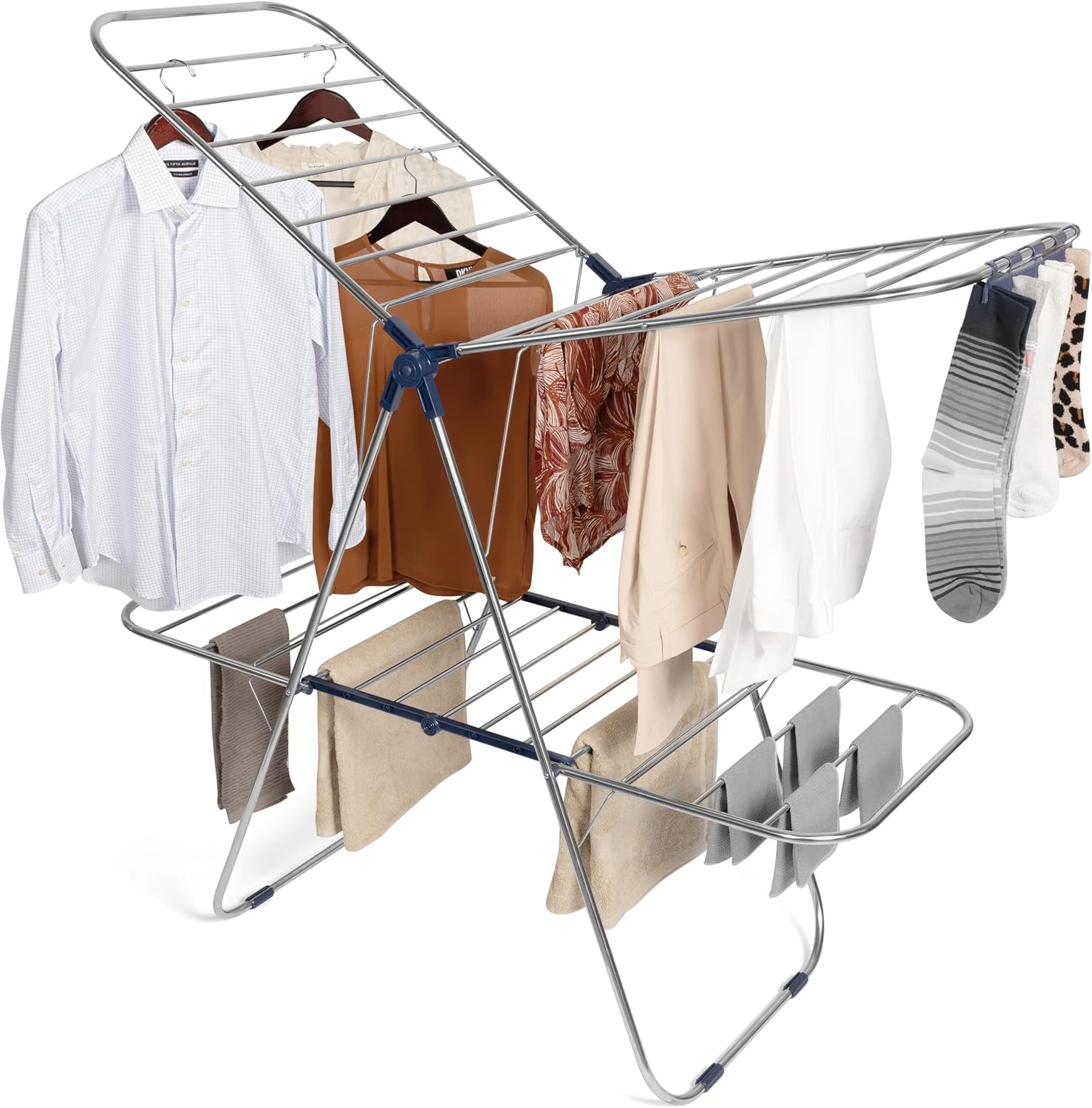 Luxe Laundry Premium Clothes Drying Rack, Foldable 2-Layer Stainless Steel Drying Rack, Free Standing with Height Adjustable Wings, Stainless Steel, Sock Clips, Towel Rack, Clothes, Blue