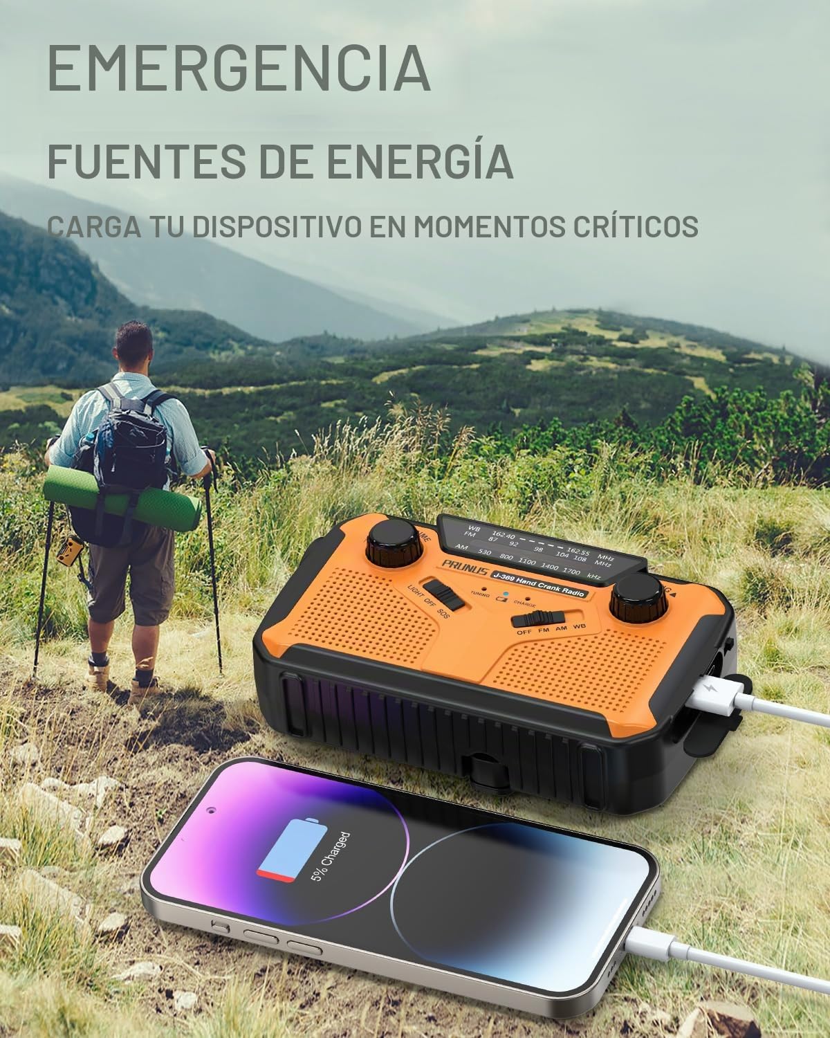 PRUNUS J-369 - Radio meteorológica de emergencia de 11100 mWh, baterías AA, manivela, solar, carga USB, NOAA/AM/FM, linterna LED y lámpara de lectura, alarma SOS y linterna portátil
