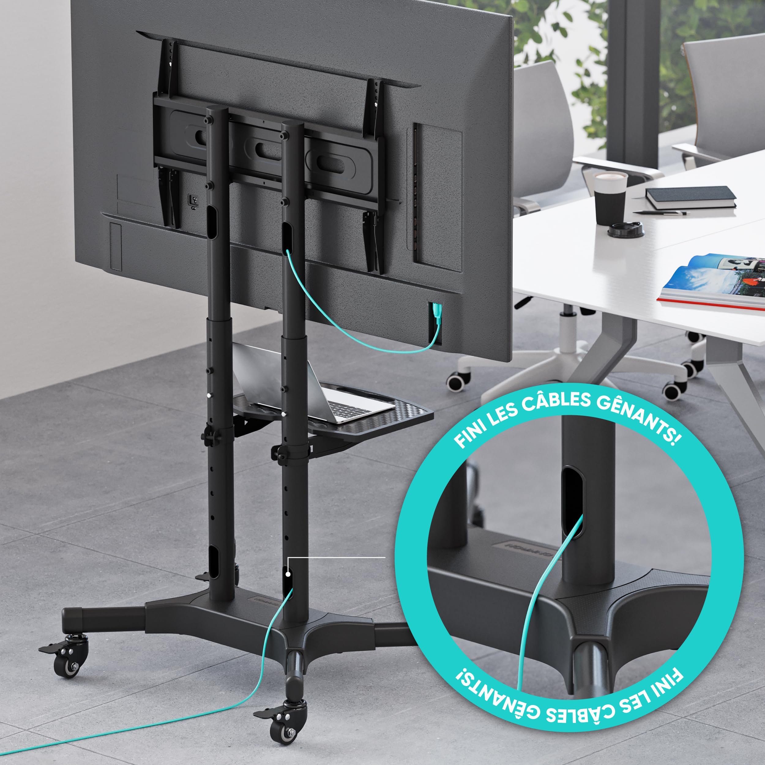 ONKRON Support TV roulettes pour 32-65 Pouces Charge Max 50 kg, Support TV sur Pied avec roulettes VESA 100x100-600x400, Chariot Television Hauteur Réglable, Chariot Télé Roulant Noir TS1351-B