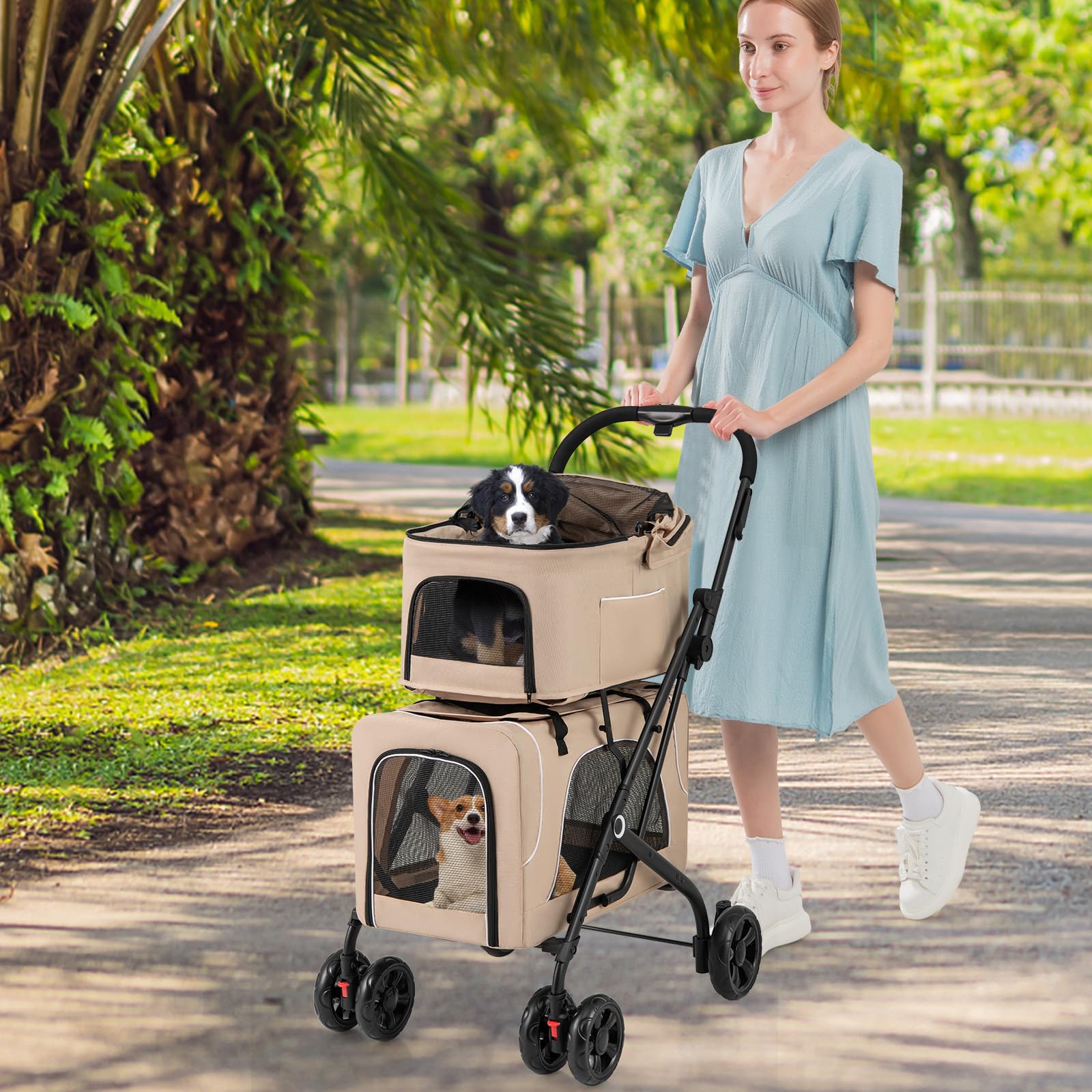 GOPLUS Carrito para Perros Plegable de 2 Niveles, Cochecito para Mascotas 3 en 1 con 2 Compartimentos Desmontables, Carro de Viaje para Gatos, Ruedas con Freno, Cojin Desmontable, 67×98×88cm (Beige)
