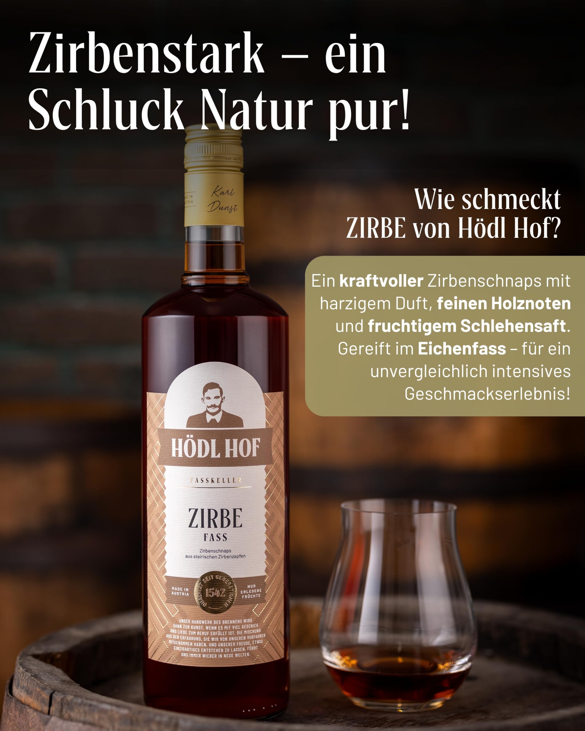 Hödl Hof Zirbe Fass 1,0L I Zirbenschnaps aus steirischen Zirbenzapfen I im Holzfass gelagert I Zirbenschnaps aus hochwertigen Zutaten I Feiner Zirbenlikör aus dem Eichenfass I Edle Spirituose 38% vol