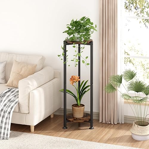 Miniatura 2 de Soporte para plantas de esquina interior alto de 2 niveles de metal moderno para almacenamiento de flores para sala de estar, balcón, jardín, negro