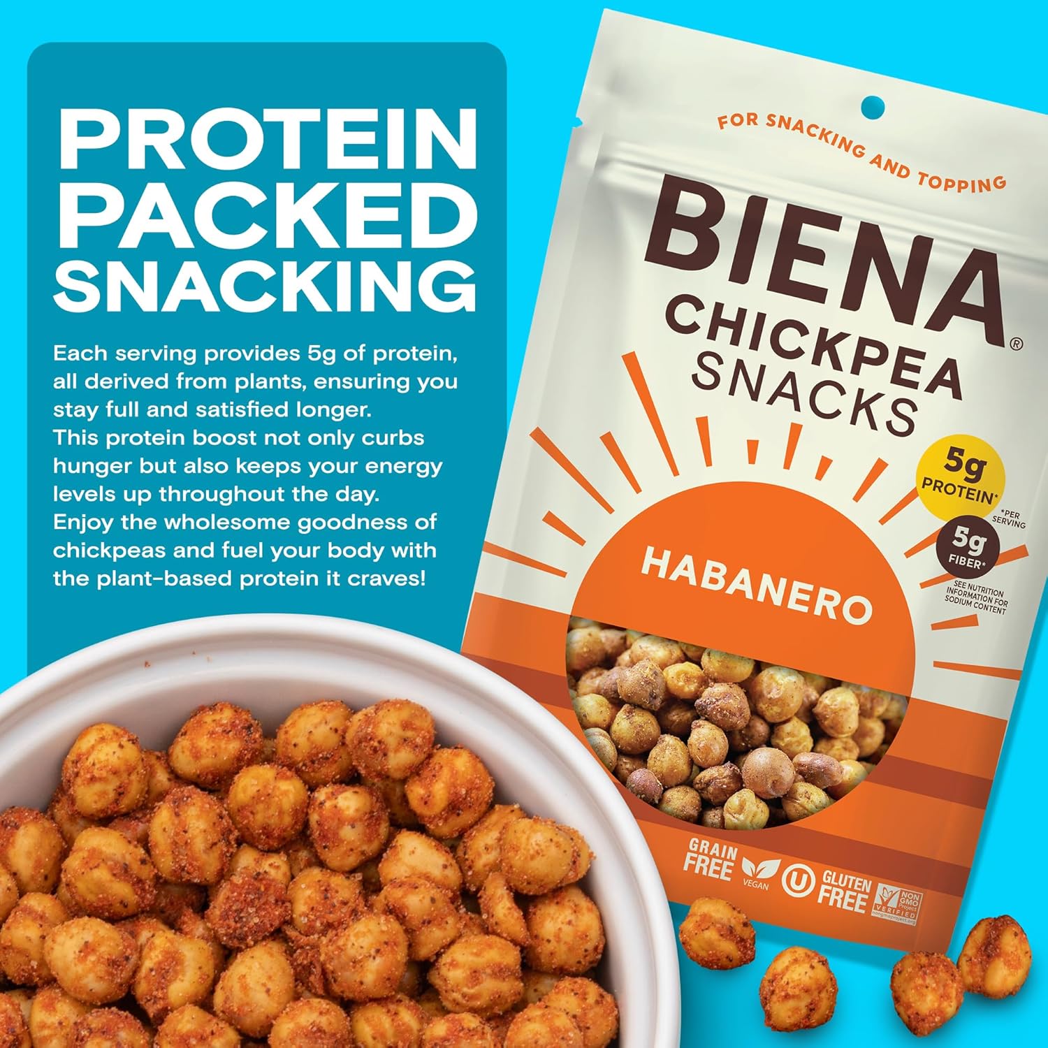 BIENA Chickpea Snacks - Crunchy Roasted Chickpeas - High Fiber Vegan Protein Snacks for Adults and Kids - 8-Pack, 5 Ounce - Habanero