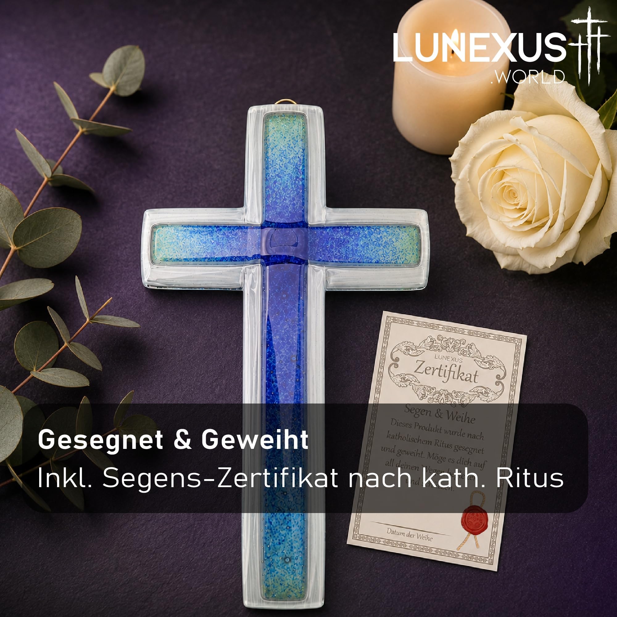 Lunexus Szklany krzyż ścienny 20,5 cm, ręcznie wykonany, prezent na chrzest, komunię, bierzmowanie, krzyż, szkło, niebieski, religijny krzyż dekoracyjny do zawieszenia, krzyż dziecięcy, chrzest, dla
