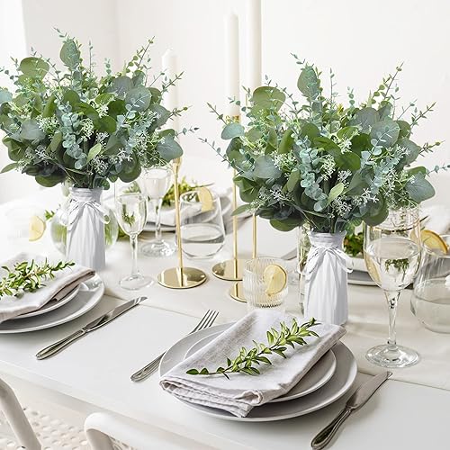 Miniatura 4 de 400 piezas de hojas de eucalipto mixtas a granel, hojas de vegetación artificiales de dólar plateado, ramas de plantas falsas para ramos de novia de