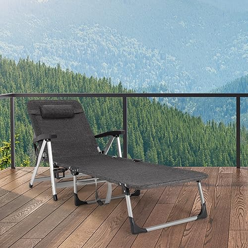 Miniatura 2 de GYMAX Sillas de salón para exterior, tumbona triple plegable con respaldo ajustable de 7 niveles, soporte para tazas, reposacabezas y asa de