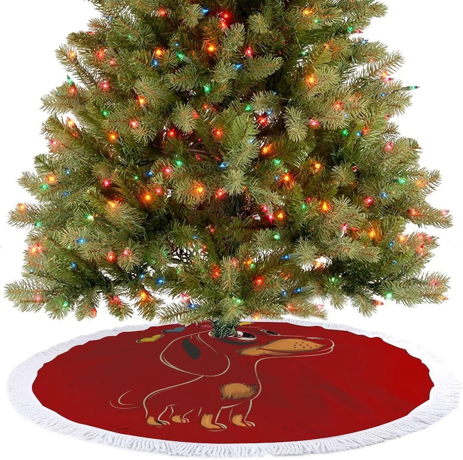 Dachshund Christmas Tree Skirt Round Xmas Tree Mat Ornaments Tree Skirts with Tassels for Holiday Party