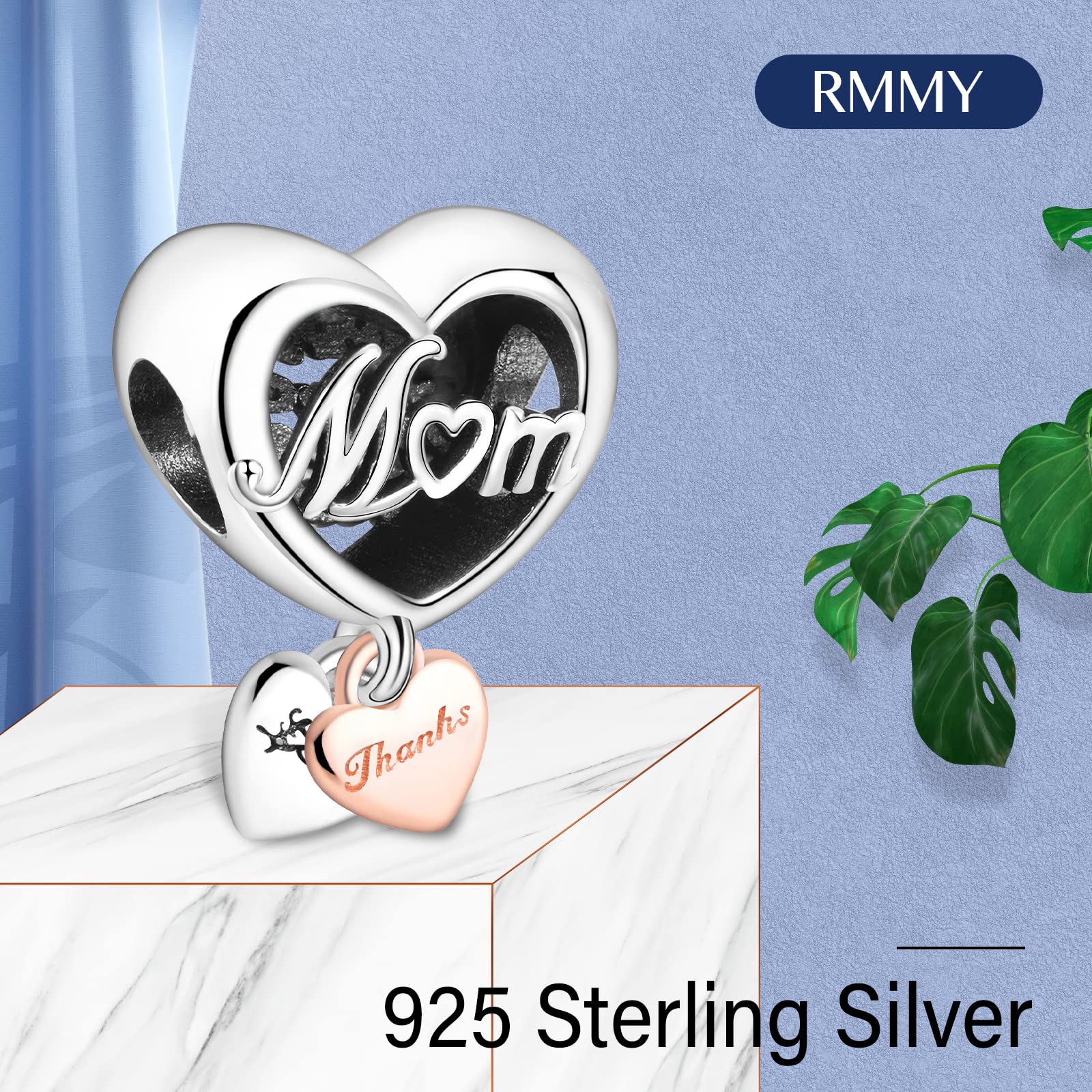 RMMY Charm 925 Sterling Silver Mom Heart Cat Movie Dog Pendant Dangle Beads for European Necklaces and Bracelets Valentine's Day Mother's Day Gifts