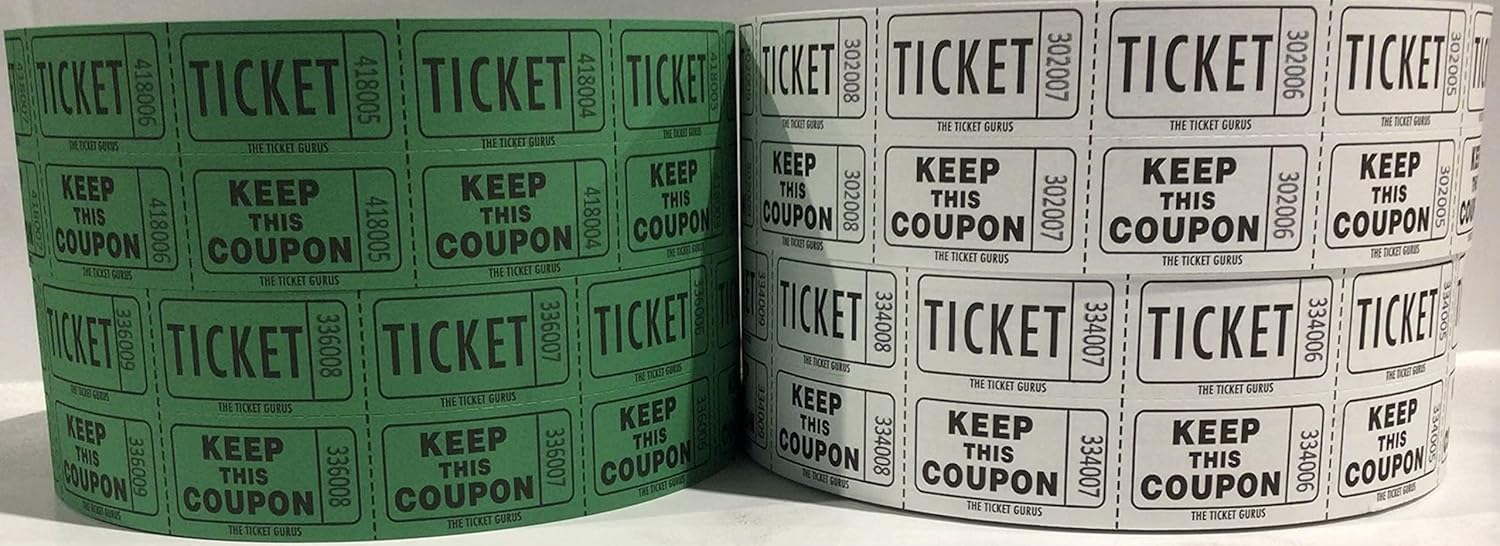 The Ticket Gurus-Raffle Tickets - (4 Rolls of 2000 Double Tickets) 8,000 Total 50/50 Raffle Tickets (2 Green & 2 White)