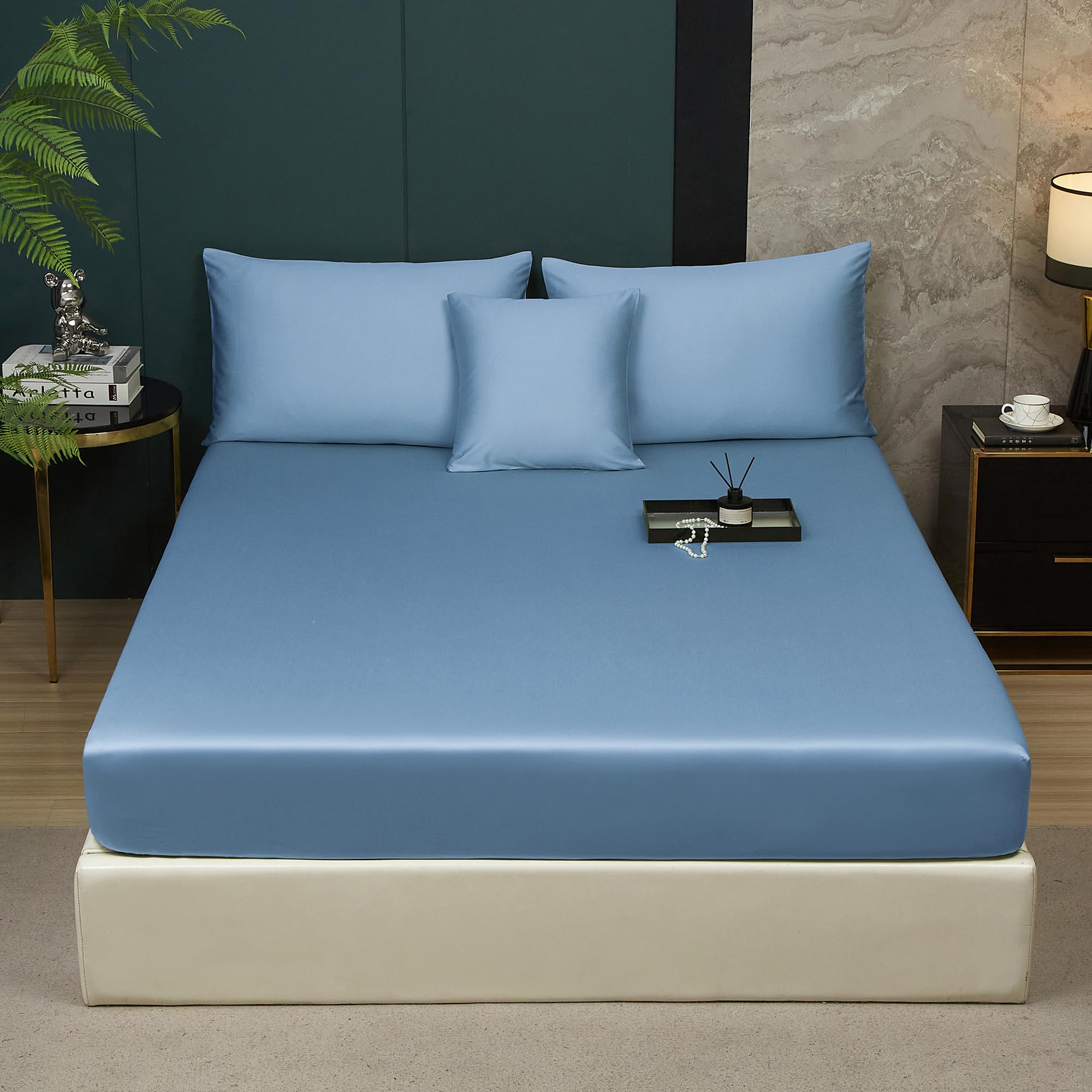 Luofanfei Bambus Lyocell Spannbettlaken 90x200cm Grün Salbeigrün Boxspringbett Frottee Topper Glänzend Bambusfaser Bettlaken Spannbetttuch 90 x 200 Uni Spannbetttücher für Hohe Matratze bis 25-30 cm