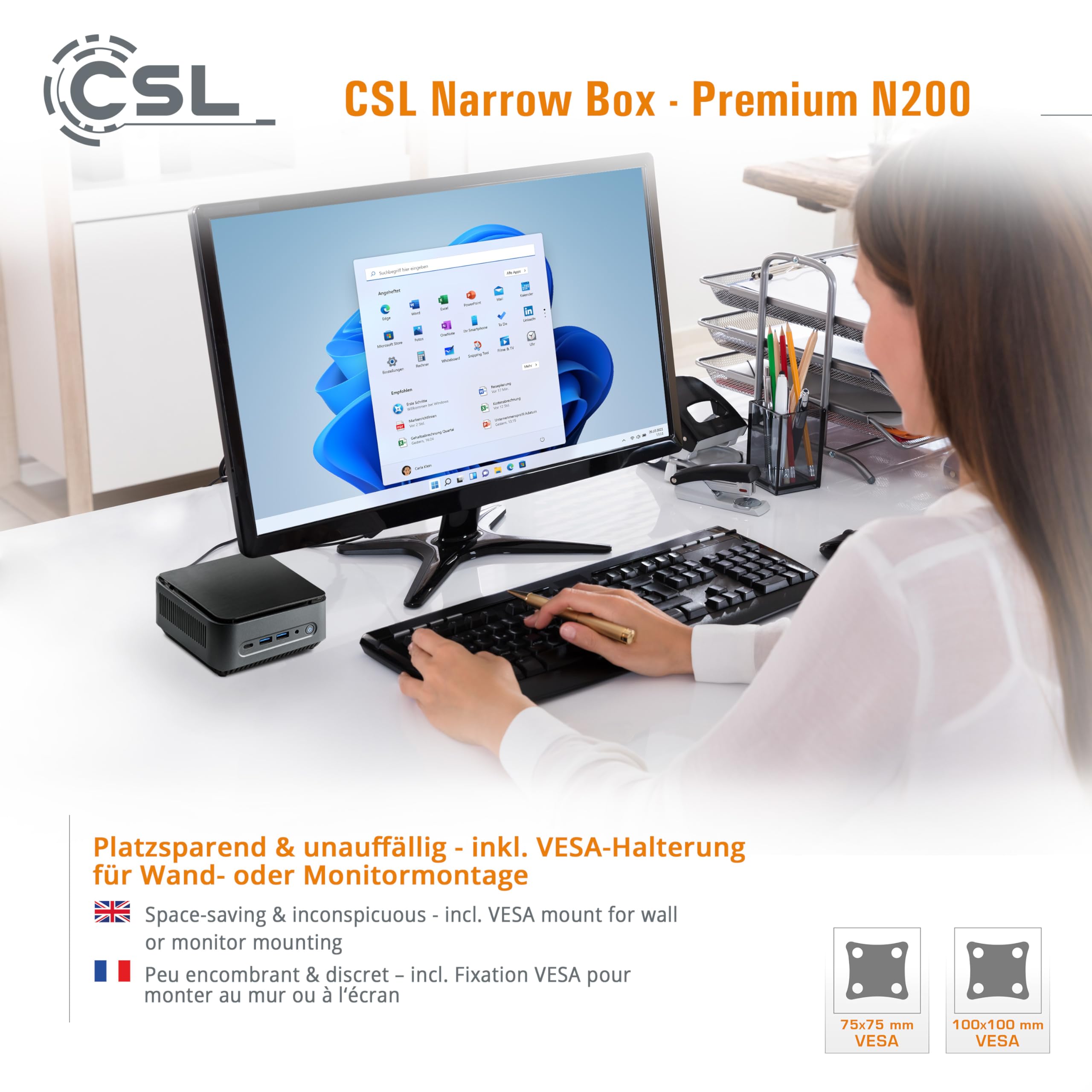 Mini PC CSL Narrow Box Premium Windows 11 Home Senza Ventola, Intel N200 4X 3700 MHz, SSD M.2 da 500 GB, 8 GB DDR4 RAM, Grafica Intel UHD, HDMI 2, USB 3.2, BT 5.2, DisplayPort, Dual WLAN