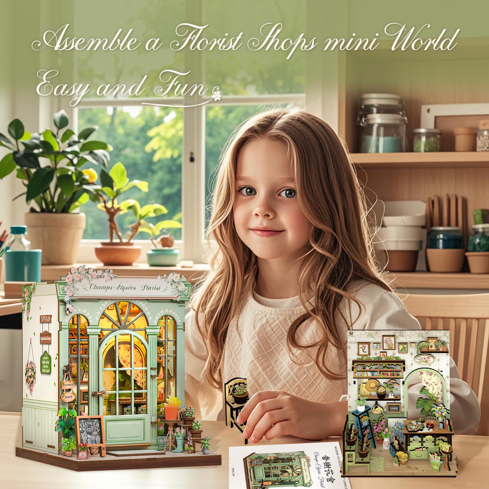 CUTEBEE Book Nook Kit – Casa delle bambole fai da te in miniatura casa con custodia antipolvere e luce LED | Kit per decorazione per scaffali (Champs-Élysées Florist)