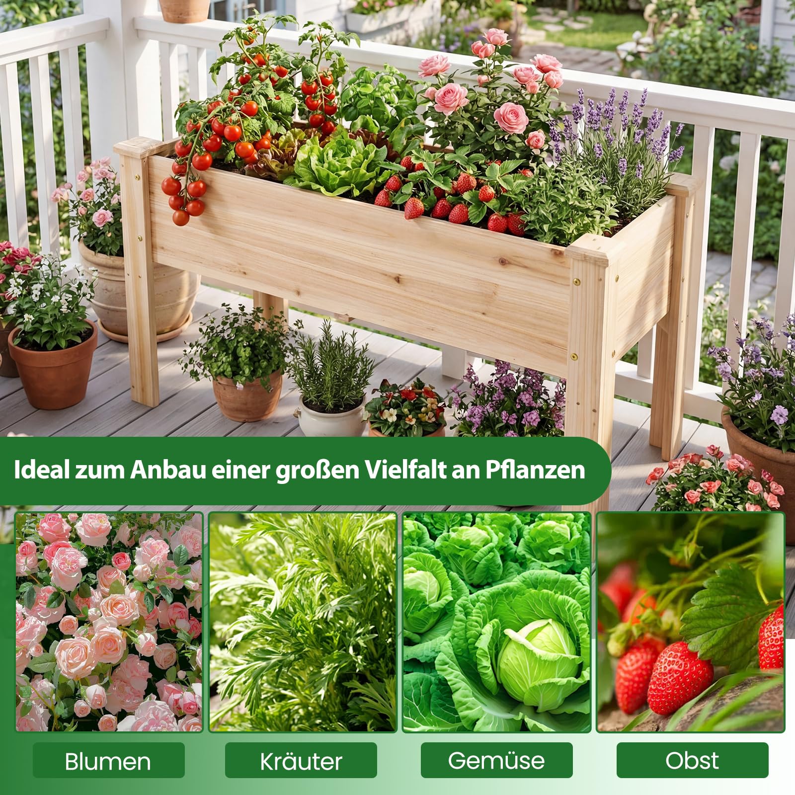 COSTWAY Hochbeet aus Holz, Pflanzbeet für Kinder, 119x45x51cm, Pflanztrog bis 100 kg, Blumenkübel mit Ablauflöchern & L-Beinen, Kräuterbeet rechteckig, Anzuchtbeet Garten Terrasse Balkon, Natur