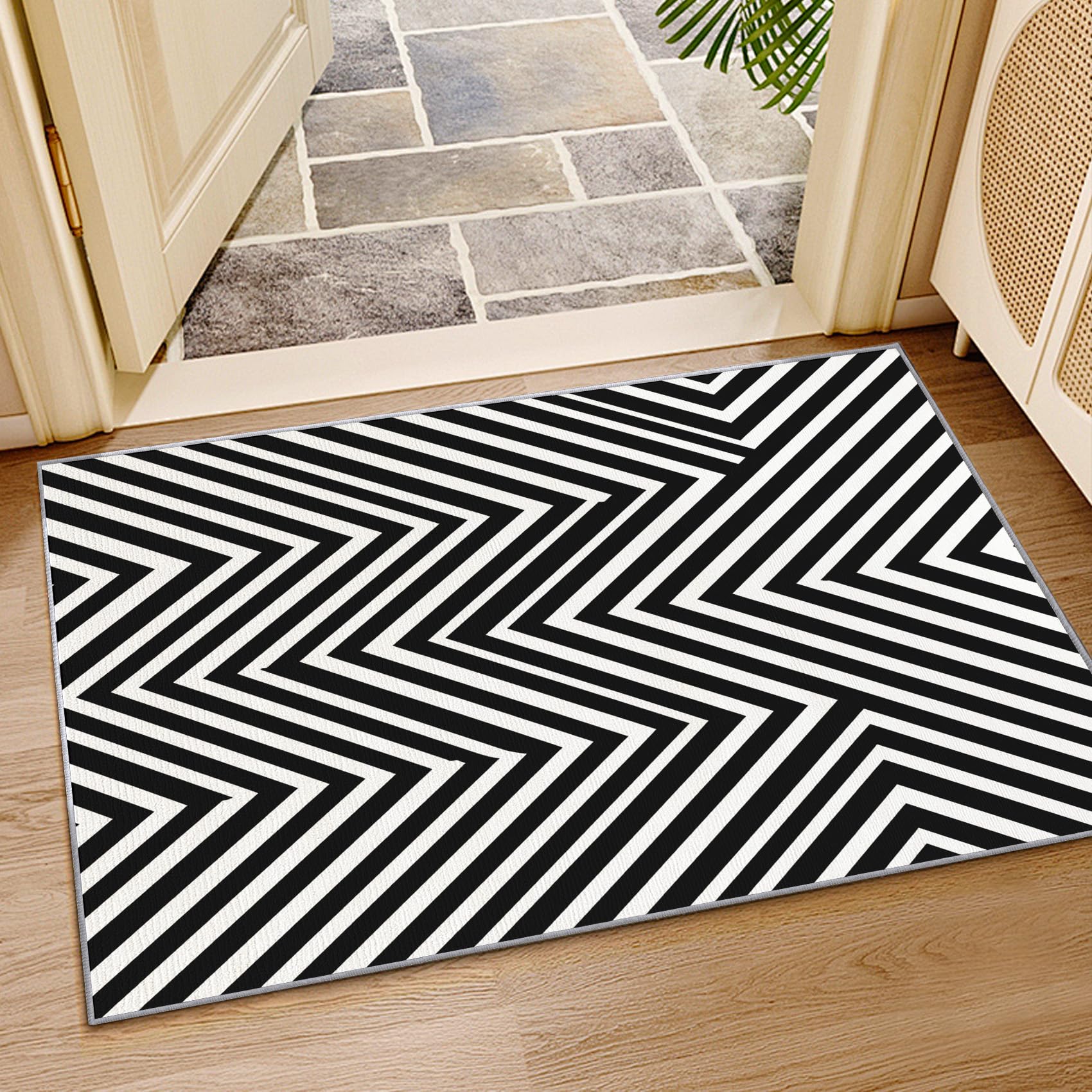 Teppich Schwarz Weiss Gestreift - Teppich Wohnzimmer Schlafzimmer Gestreifte, Kleiner Teppich Chevron, Weich Kurzflor & Waschbar & rutschfest Fussmatte Innen, Kinderteppich 80x150 cm