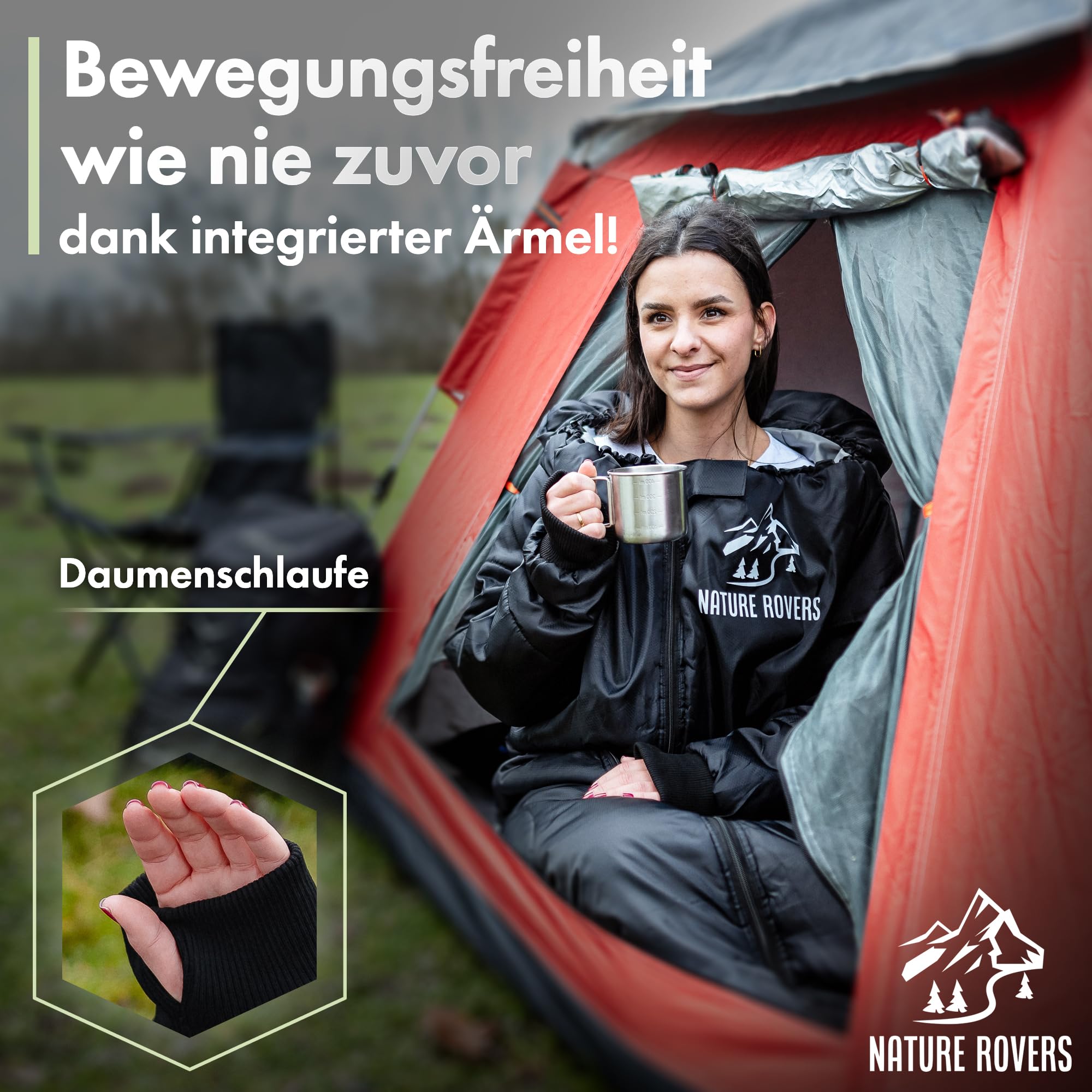 Schlafsack [mit Ärmeln] – Schlafsäcke für Erwachsene, Outdoor & Camping [3 Jahreszeiten] Deckenschlafsack mit Öffnungen an den Füßen | 220x80cm, wasserabweisend | Inkl. Kissen | Nature Rovers