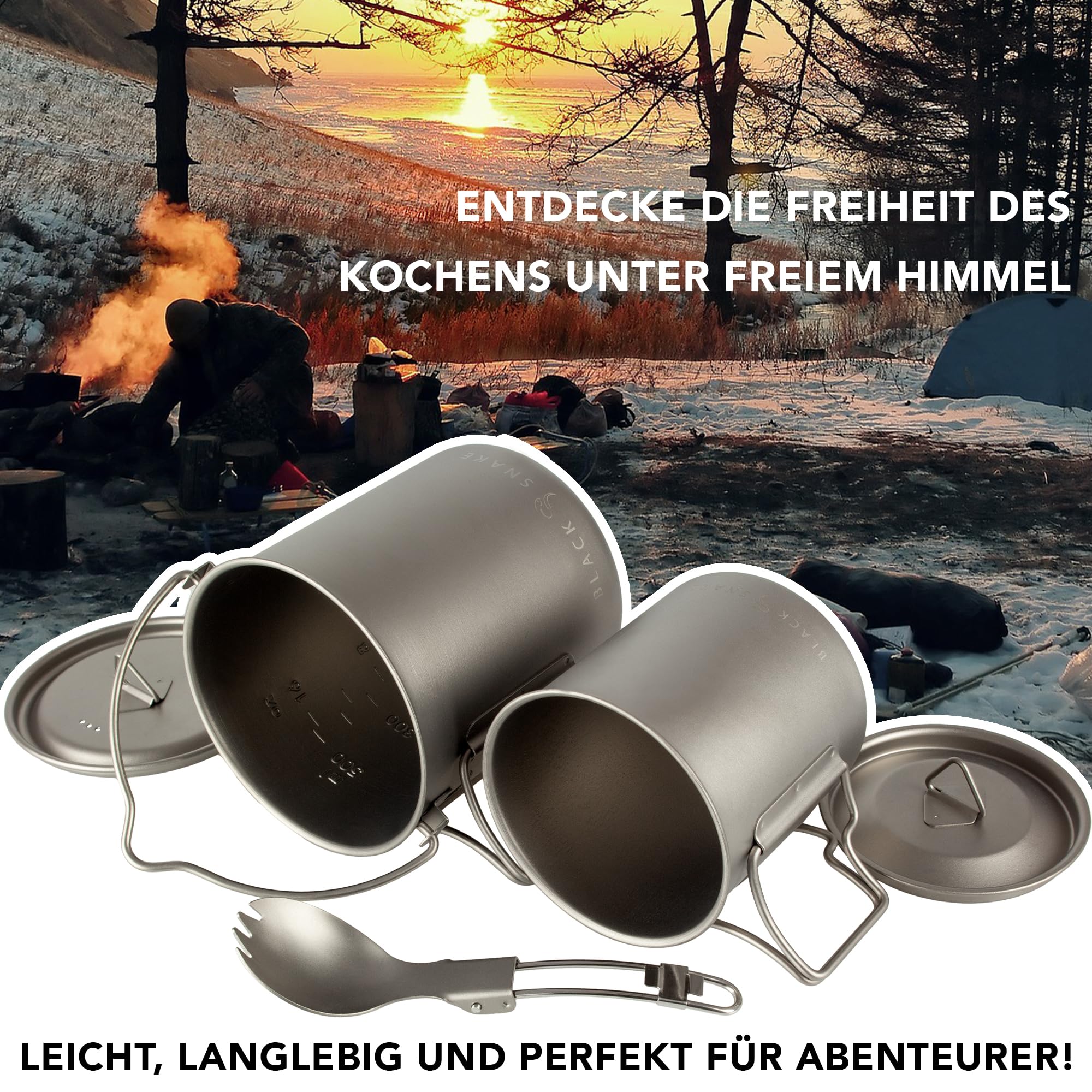 Black Snake Campinggeschirr Set aus Titan - 3-teilig & Ultraleicht - mit 750 ml Topf, 420 ml Topf & Göffel - kompakt verstaubar inkl. Beutel