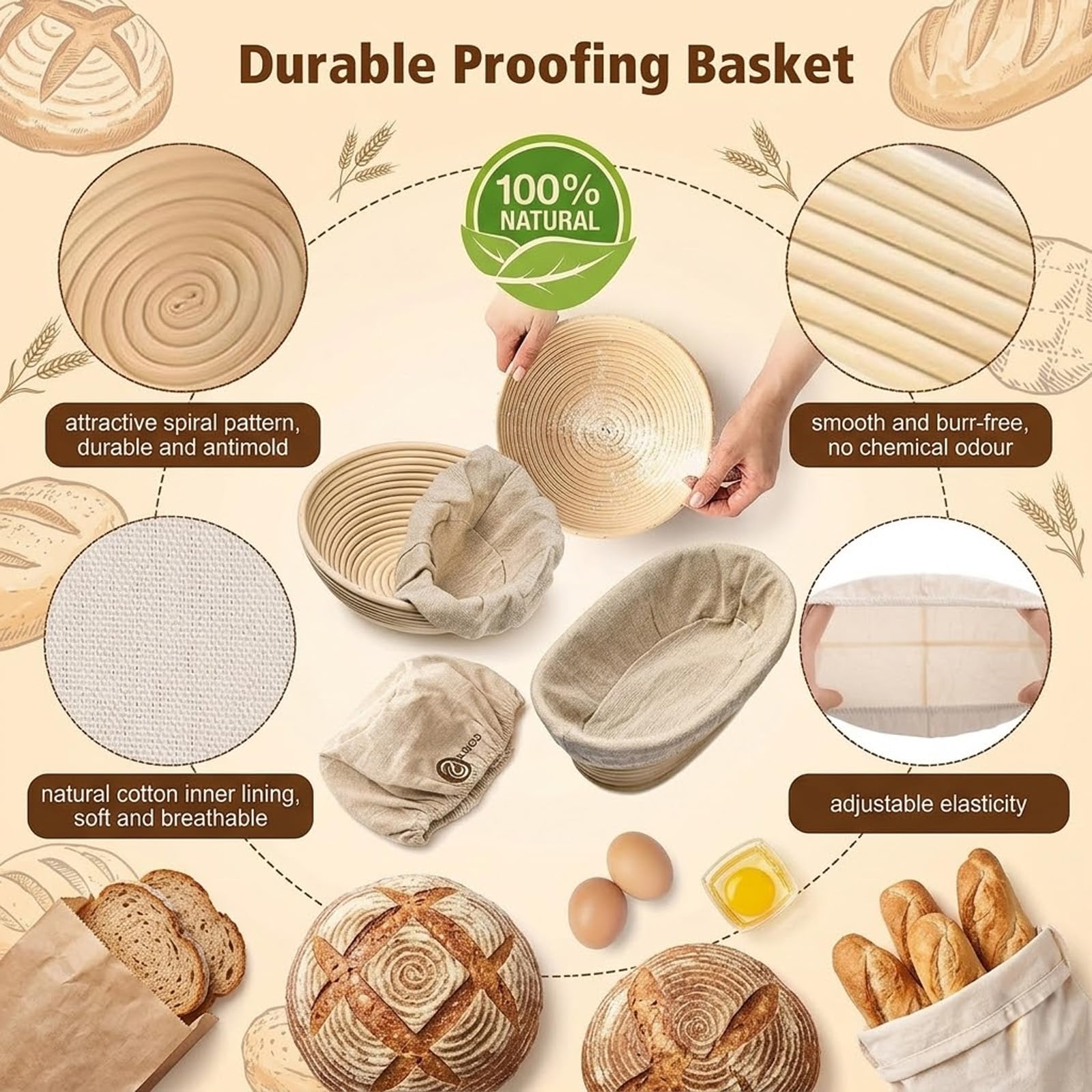 Banneton pain levain lot 2, kit fermentation avec accessoires boulangerie