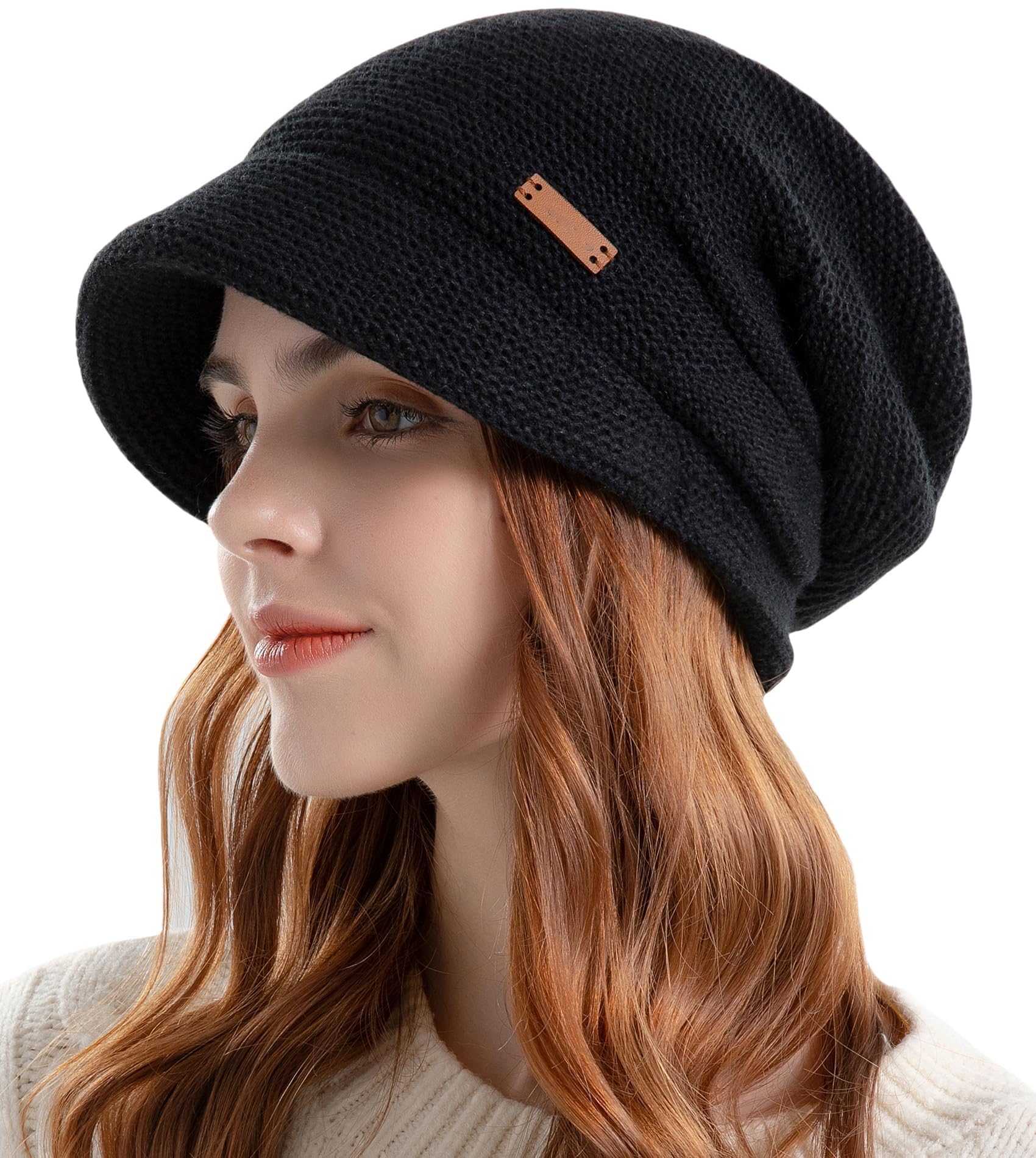 Womens Knitted Hat with Visor Brim Winter Slouchy Beanie Hat Warm Fleece Lined Skull Snow Caps Soft Stretch Warm Ski Cap Beanies