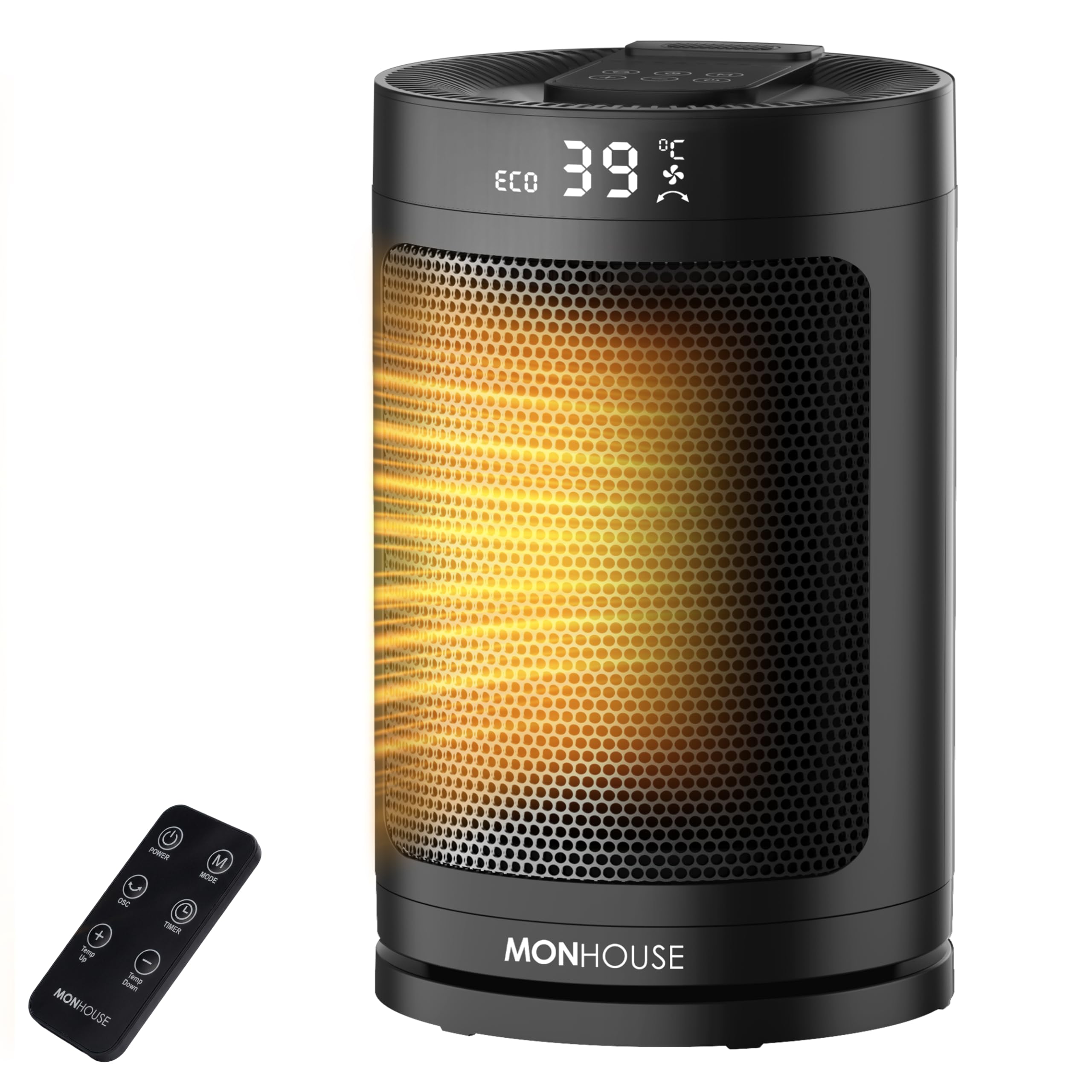 Monhouse Black Electric Heater - Energy Efficient Ptc Ceramic, Silent Portable Heater With Led Display, Remote Control, Overheat Protection, Smart Thermostat, 1-12Hr Timer - Ideal For Office, Home, Bedroom