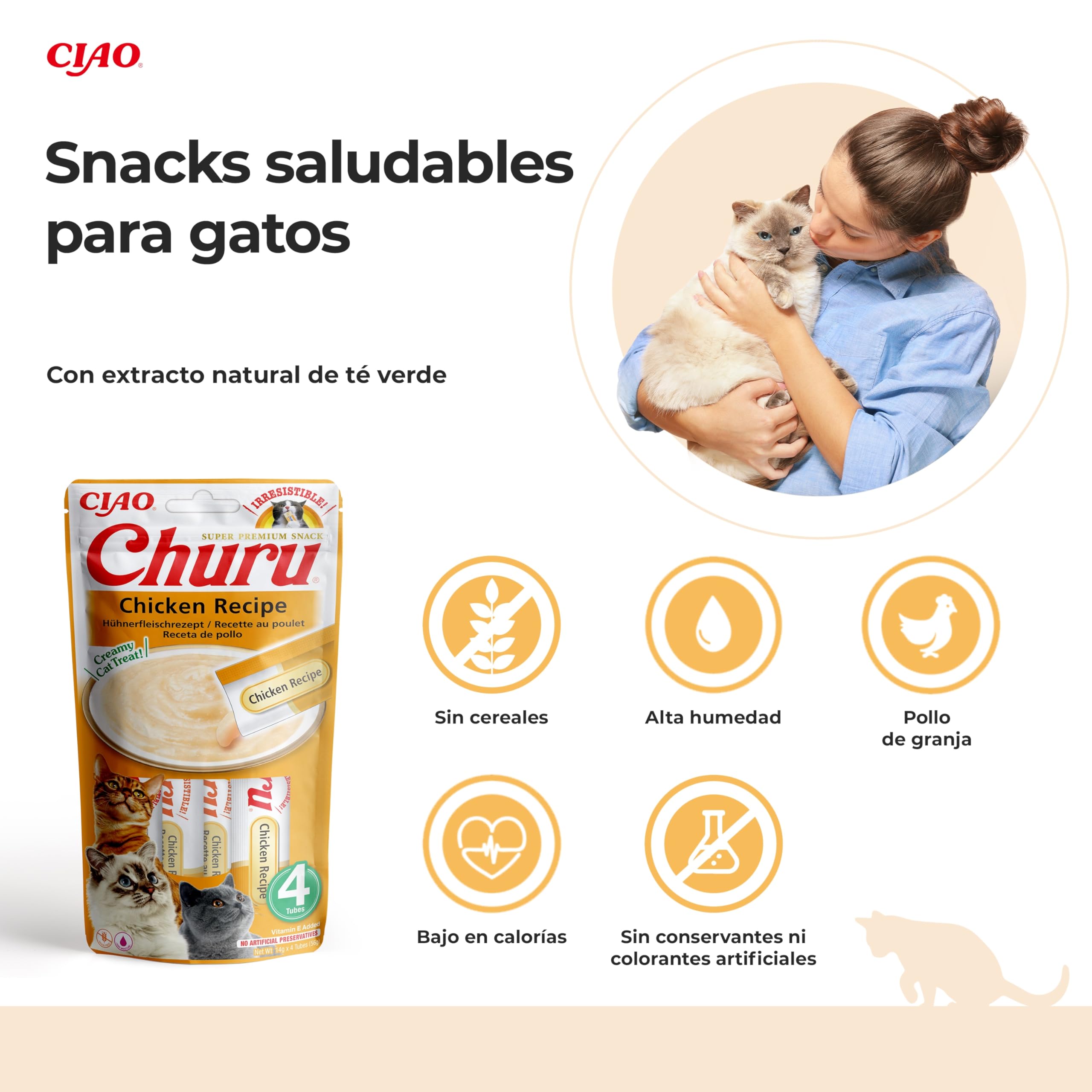 INABA Churu Gatos - Receta de Pollo - Snacks Saludables - Premios con Textura Cremosa - Sin Cereales, Sin Conservantes, Sin Colorantes - Sólo 6 Cal - 56g (4x14g)