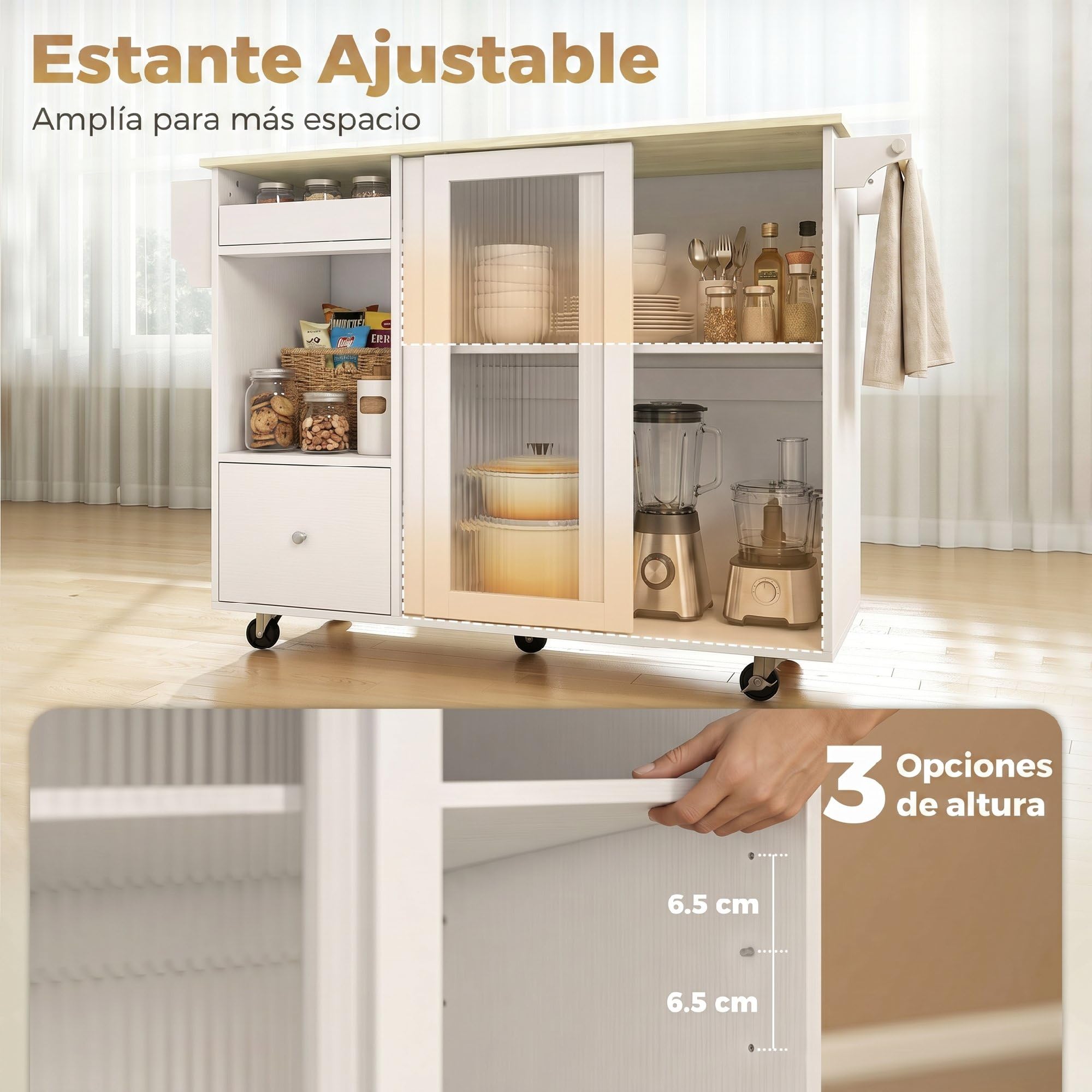 HOMCOM Isla de Cocina con Encimera Abatible, Botellero, Blanco y Roble | Carrito de Cocina, Puertas Correderas de Vidrio, Ruedas, Cajón, Especiero y Estante Ajustable