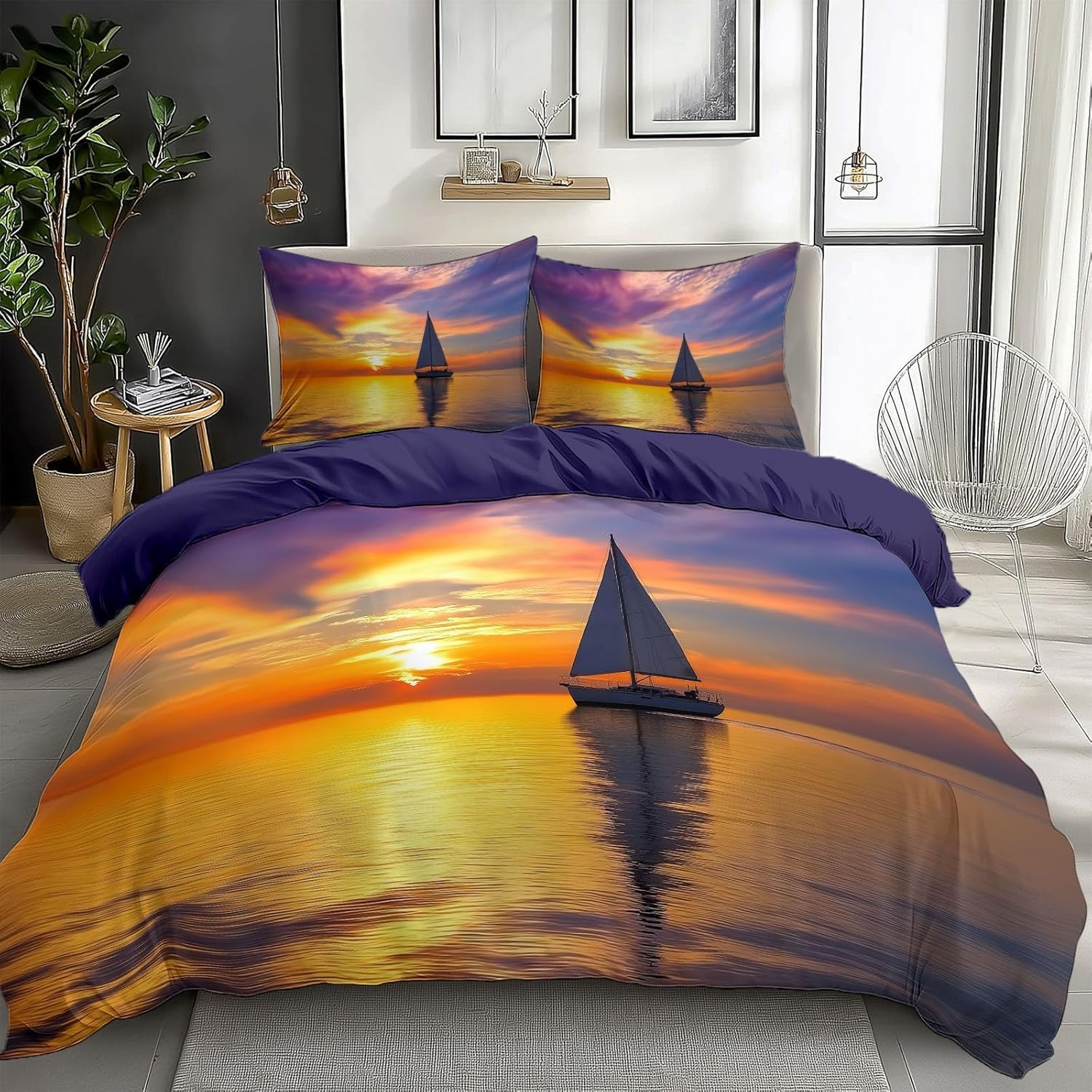 Housse de couette 240x220 marine avec 2 taies d'oreiller en microfibre pour lit 2 personnes