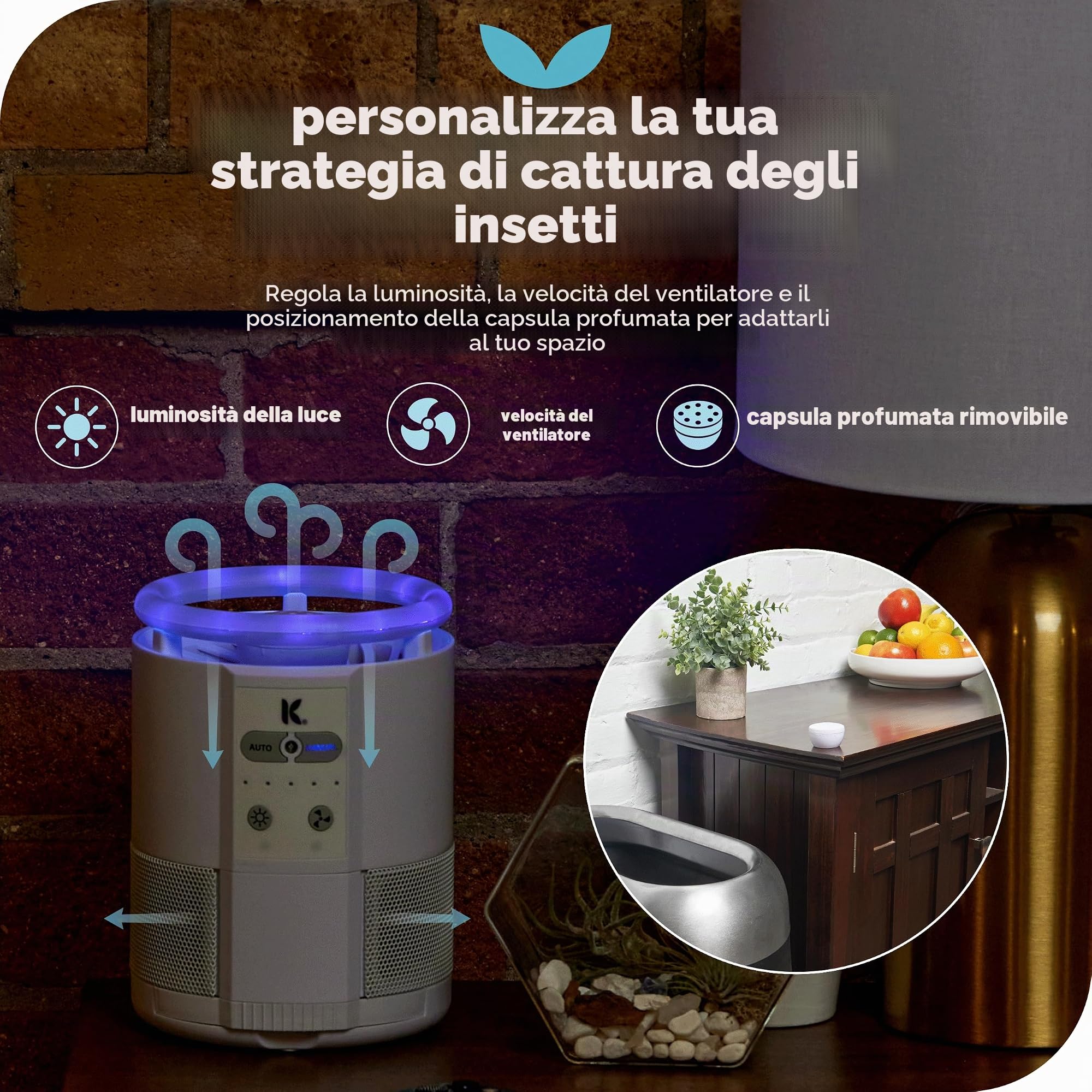 Katchy Duo – Trappola per mosche da interni con capsula profumata, efficace giorno e notte, per zanzare, moscerini della frutta, moscerini e piccole tarme – Trappola anti-insetti con luce UV e ventosa