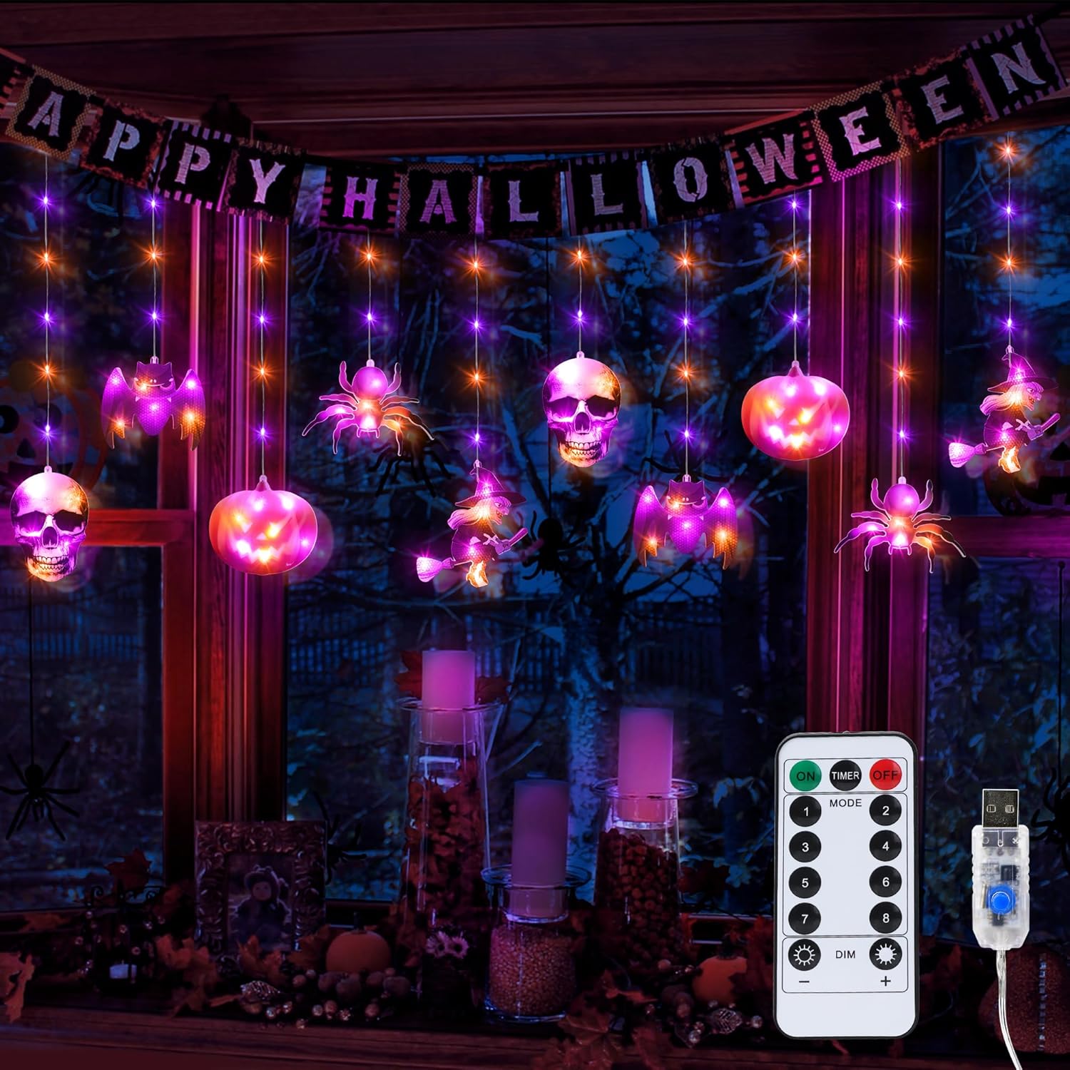 Lomotech Halloween Window Lights, 8.9ft 108LED Purple Orange Halloween Lights with Remote, Curtain lights with 10 Halloween Ornaments, USB Powered 8 Modes for Halloween Decoration