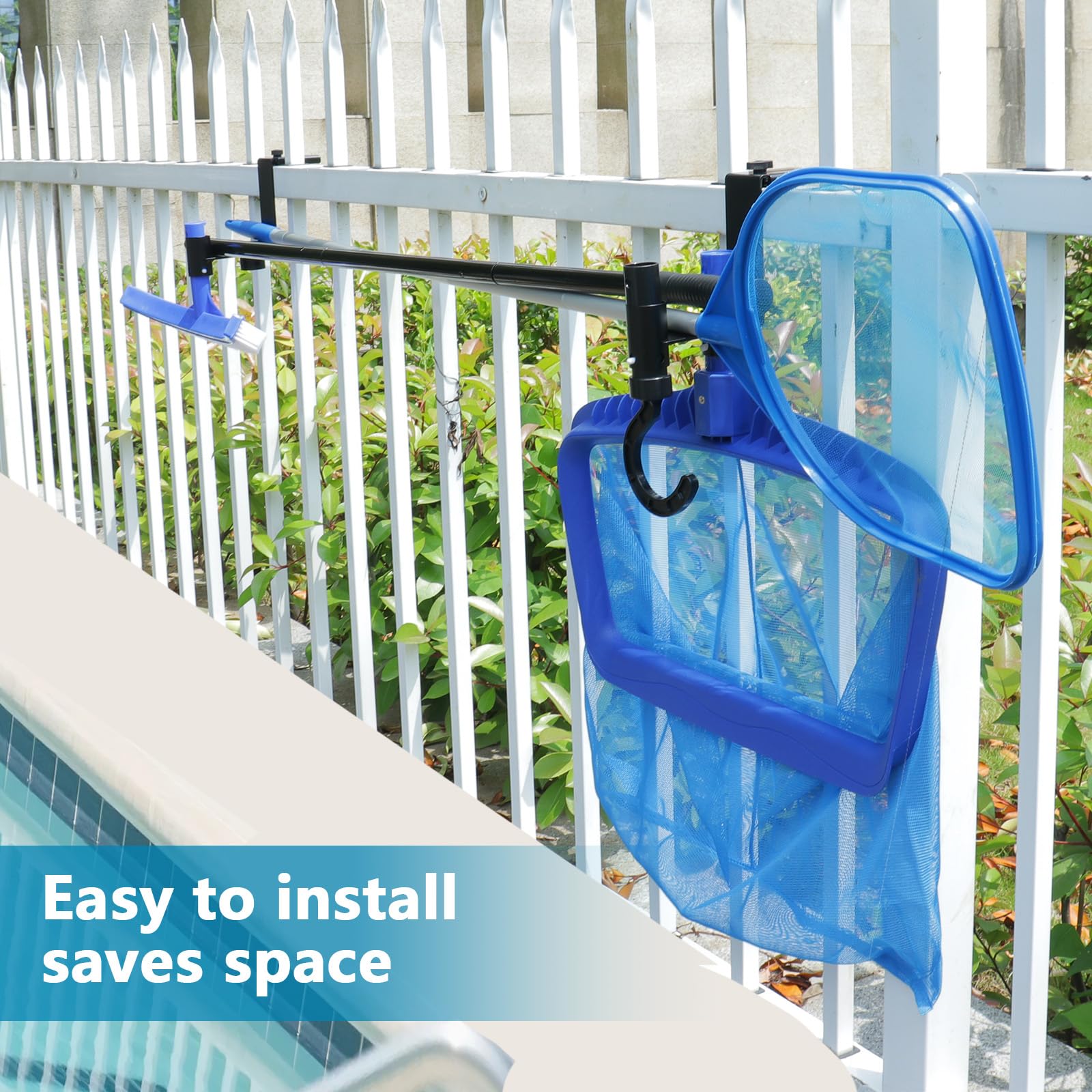 Lettry 2 ganci regolabili per recinzione per piscina, organizer per attrezzi da piscina, accessori per la pulizia della piscina, pennello, retino per foglie, testa sottovuoto, adatti per ringhiere da
