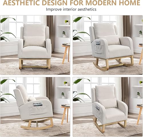 Miniatura 4 de Mecedora moderna para habitación del bebé con almohada lumbar, respaldo alto, tapizadas, asiento acolchado para sala de estar con bolsillo lateral.
