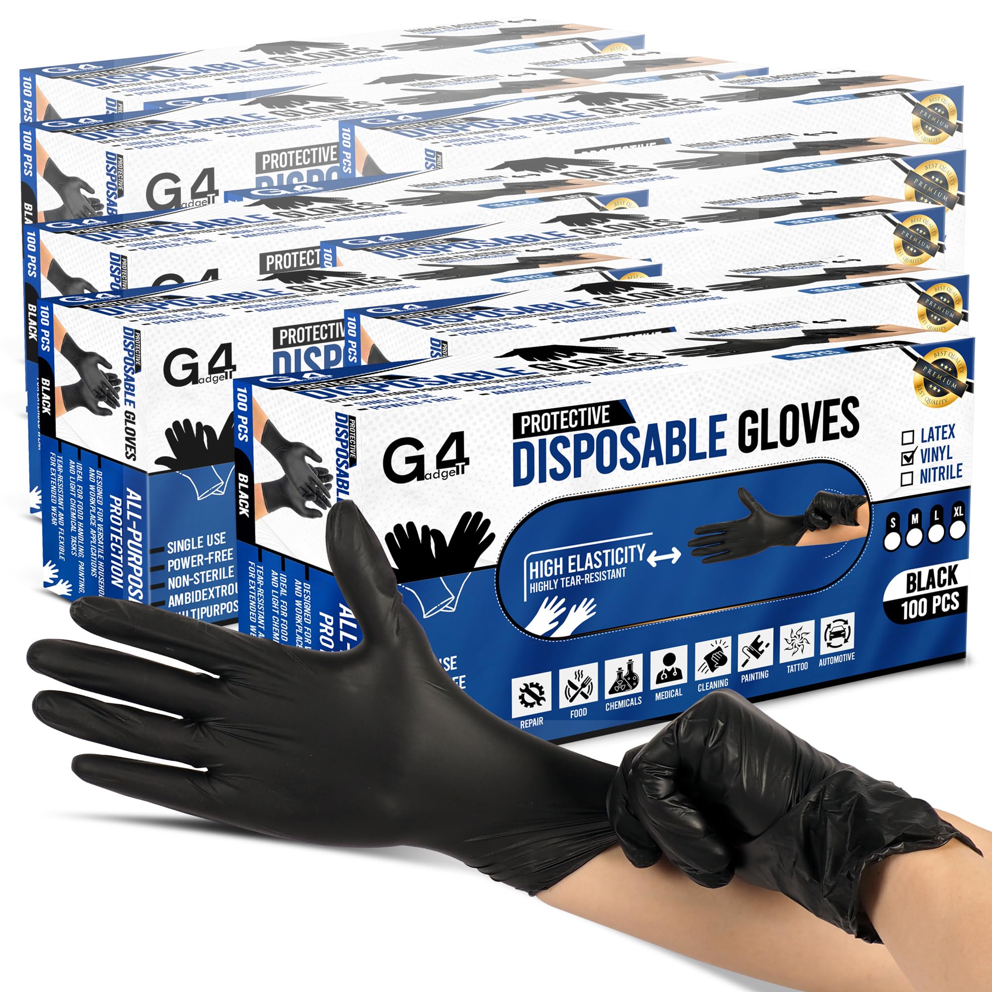 G4GADGET Black Vinyl Disposable Gloves Medium (M) – 1000 Pack, Latex-Free Powder-Free Gloves, Food Safe for Cooking, Cleaning, Salon, Tattoo, Car Detailing & Home Use