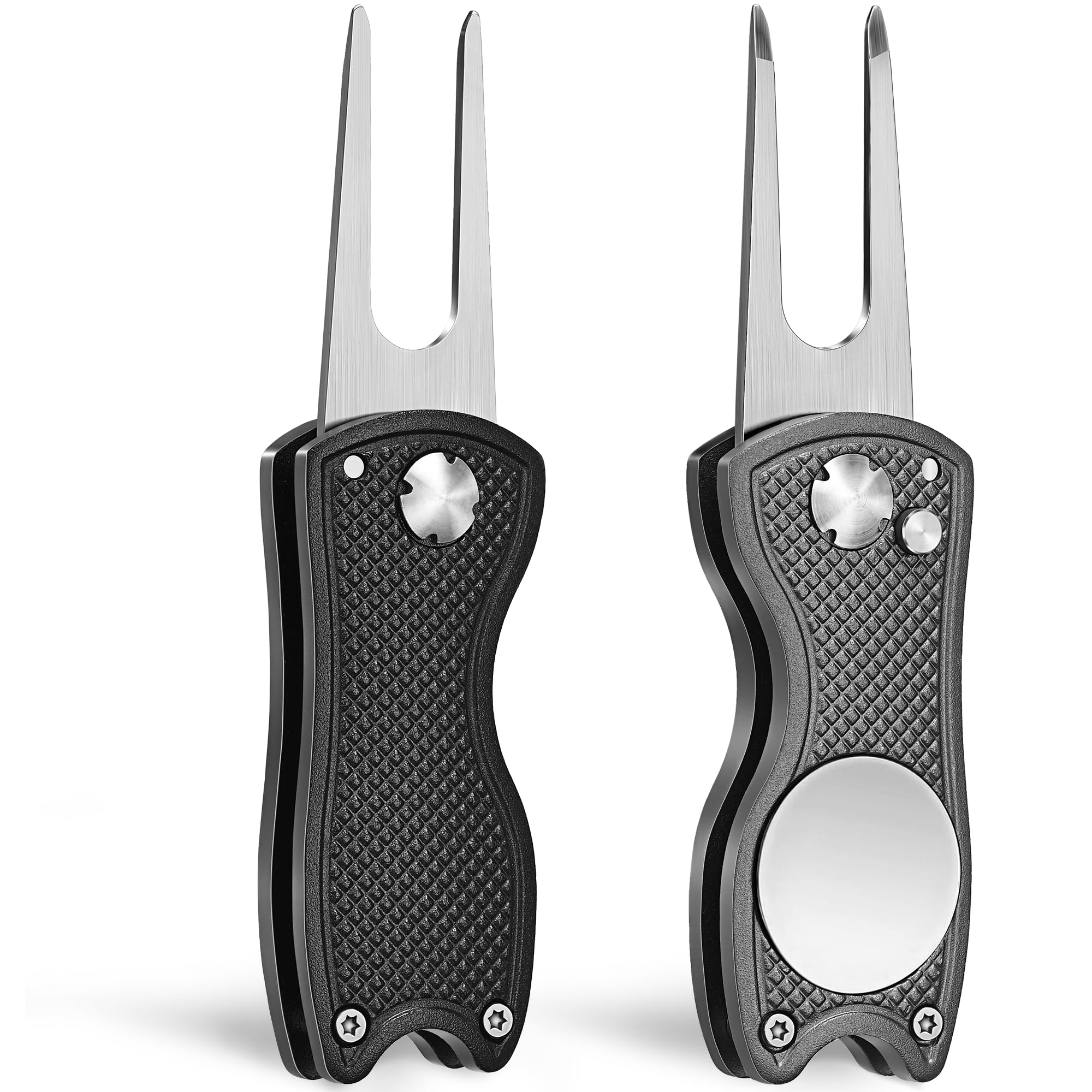 Mile High Life 2 Pieces Golf Divot Repair Tool w Magnetic Golf Ball Marker | All Metal Foldable Divot Tool w Pop-up Button | Golf Accessories for Men (Black and Gray) — image 1