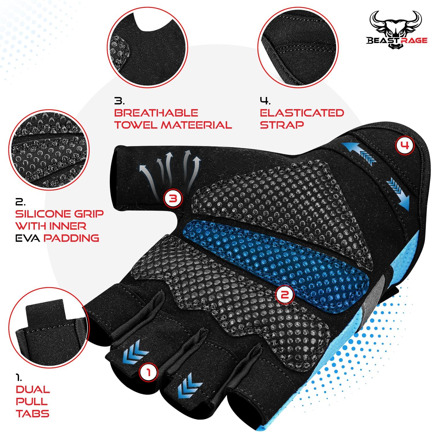 BEAST RAGE Guanti da palestra per il sollevamento pesi per uomini e donne, traspiranti, antiscivolo, con palmo imbottito in silicone, per il ciclismo, l'allenamento per la forza.