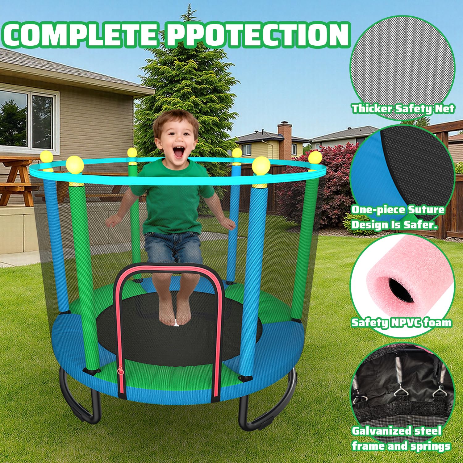 Trampolín Infantil de 150 cm para Interior y Exterior. con Red de Seguridad, aro de Baloncesto y Accesorios de Juego. Regalo de cumpleaños y Navidad para niños y niñas