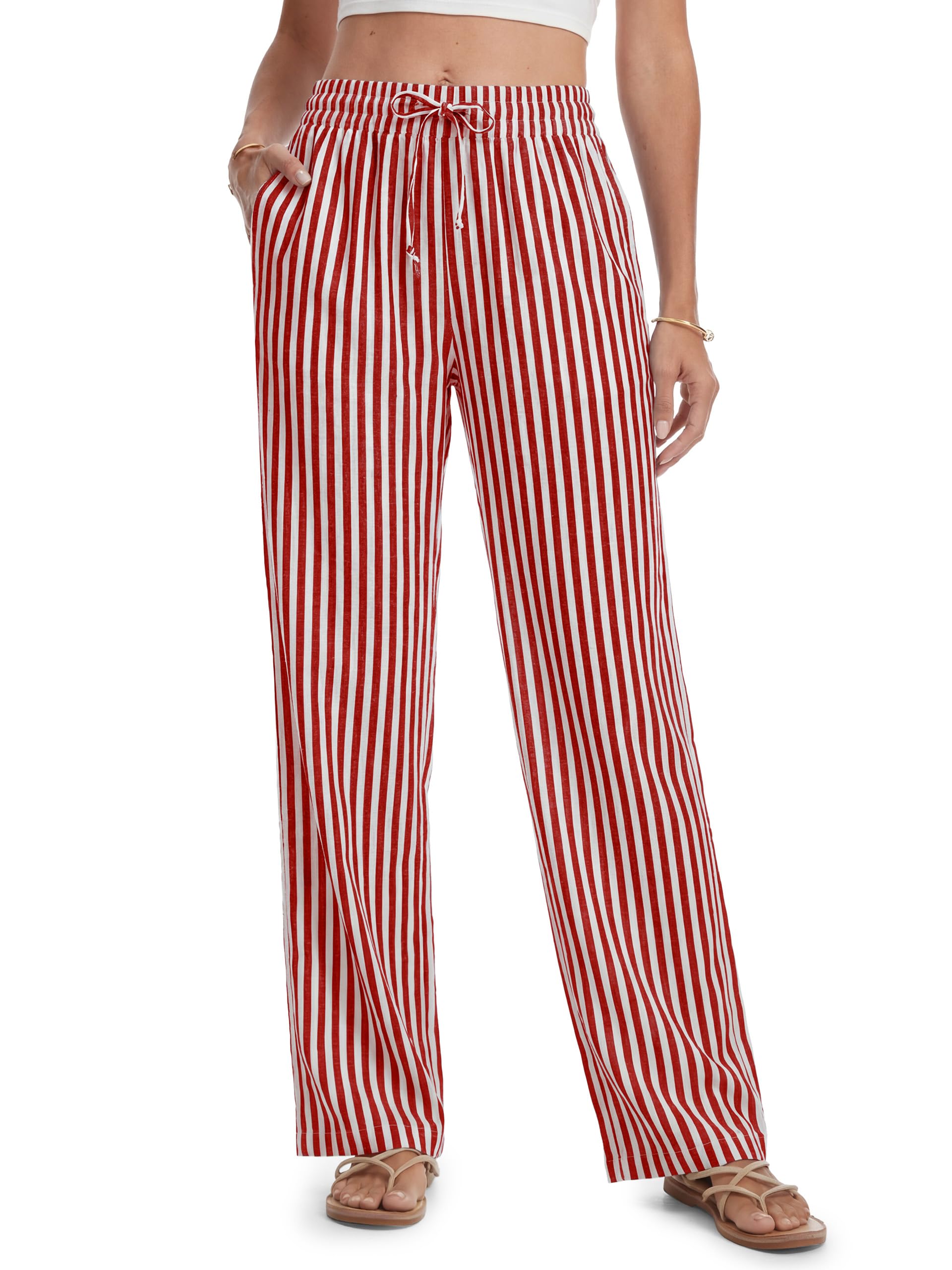 SEVEGO Tall Women 32"/34"/36" Inseam Striped Linen Pants Elastic Waist Wide Leg Pants Casual Summer Beach Trousers — Red Stripe by Amazon