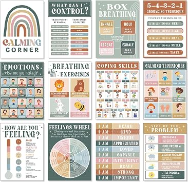 12 Pcs Modern Boho Calming Corner Classroom Posters Calm Down Corner Feelings Chart Mental Health Educational Posters Emotions Coping Skills Chart for Kindergarten School Psychology Education