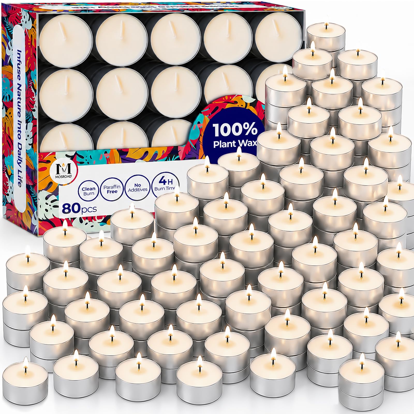 Photo 1 of [SIMILAR ITEM] MOSROAD Tea Lights Candles 80 Pack, 4 Hour Palm Wax White Tealight Candle Bulk for Home, Natural Unscented Small Votive for Wax warmer, Smokeless and Dripless Tea Light for Wedding, Shabbat, Emergency