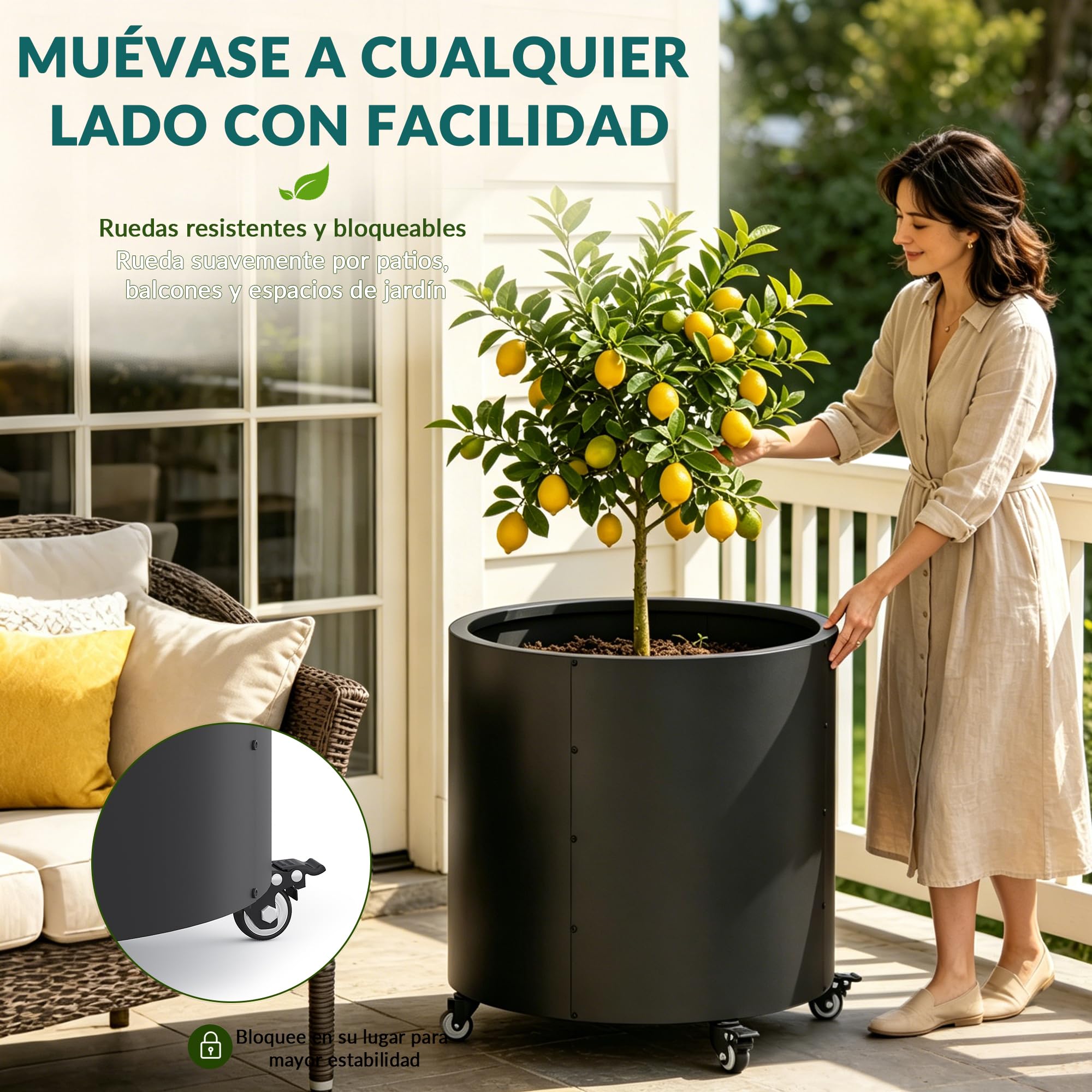 Macetas grandes para exteriores, Ø 61 * 56 cm de alto, de metal con ruedas, 150L para árboles de limón y verduras, 4 agujeros de drenaje para el balcón, jardín (2 piezas)