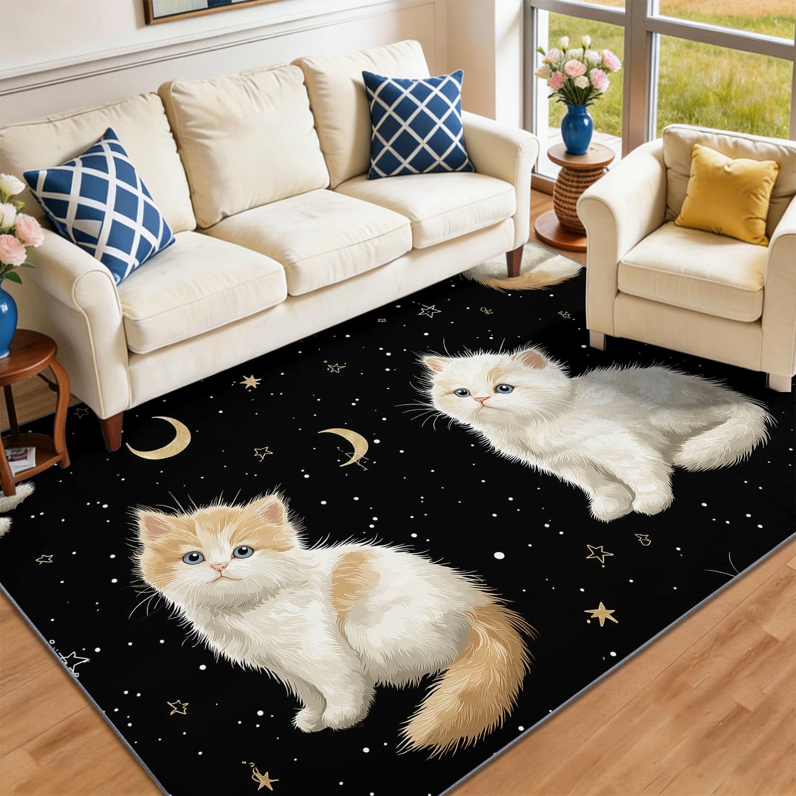 Tappeto per bambini con gatto mistico e stelle, antiscivolo, nero, lavabile, 160 x 230 cm