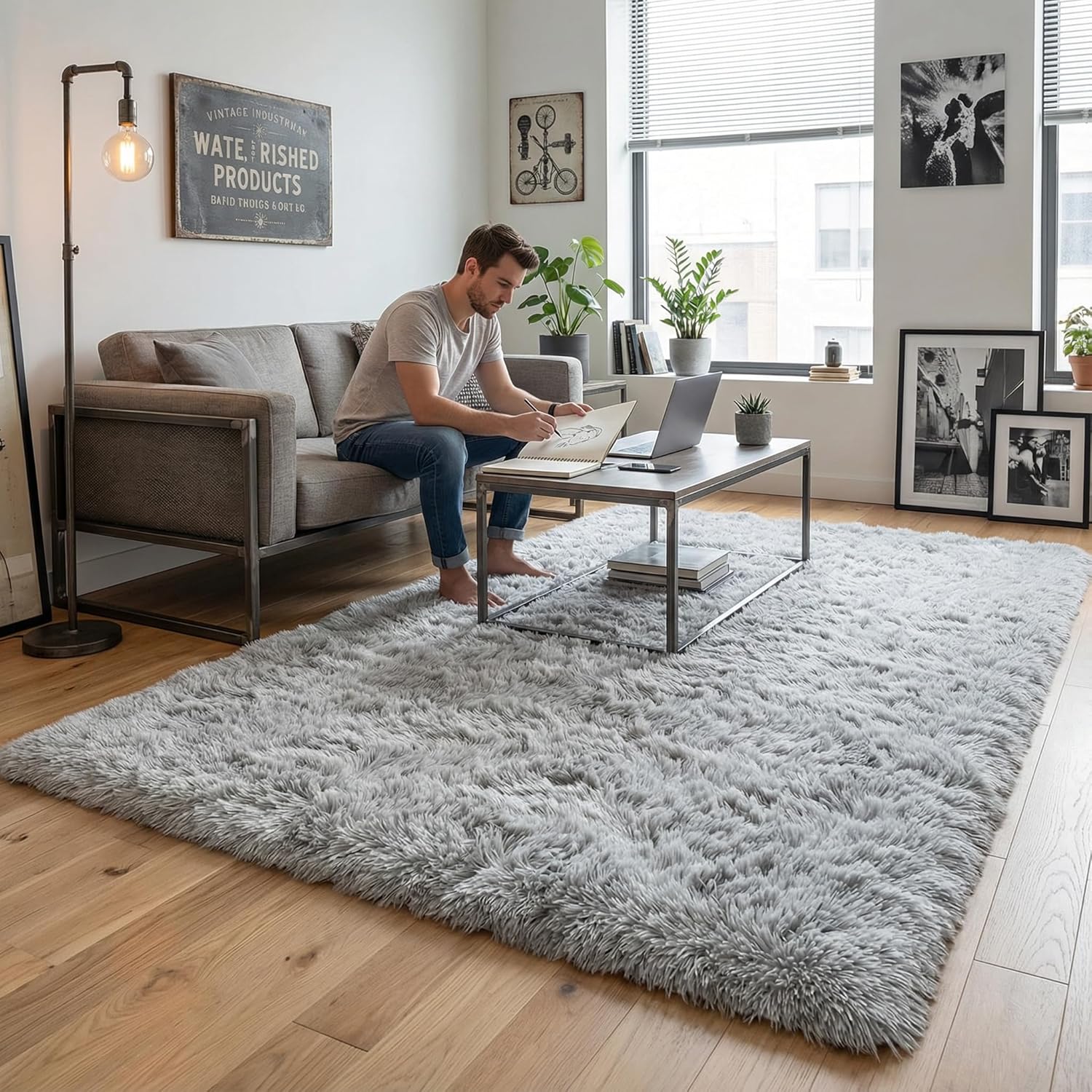 Merelax Modern Soft Fluffy Large Shaggy Rug for Bedroom Livingroom Dorm Kids Room Indoor Home Decorative, Non-Slip Plush Furry Fur Area Rugs Comfy Nursery Accent Floor Carpet 4'x6' Grey
